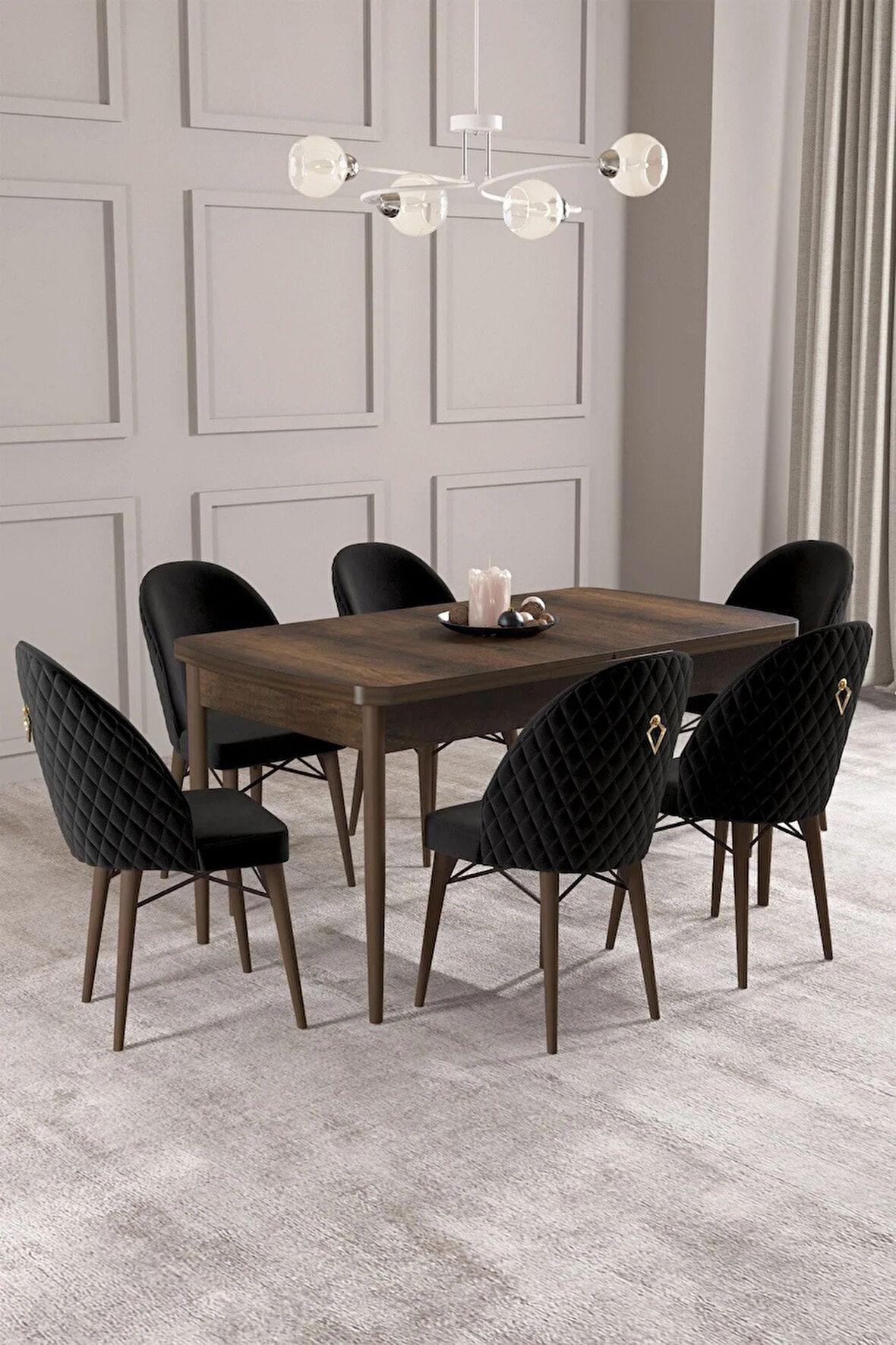 Calvin Barok Desen 80x132 MDF Açılabilir Mutfak Masası Takımı 6  Sandalye