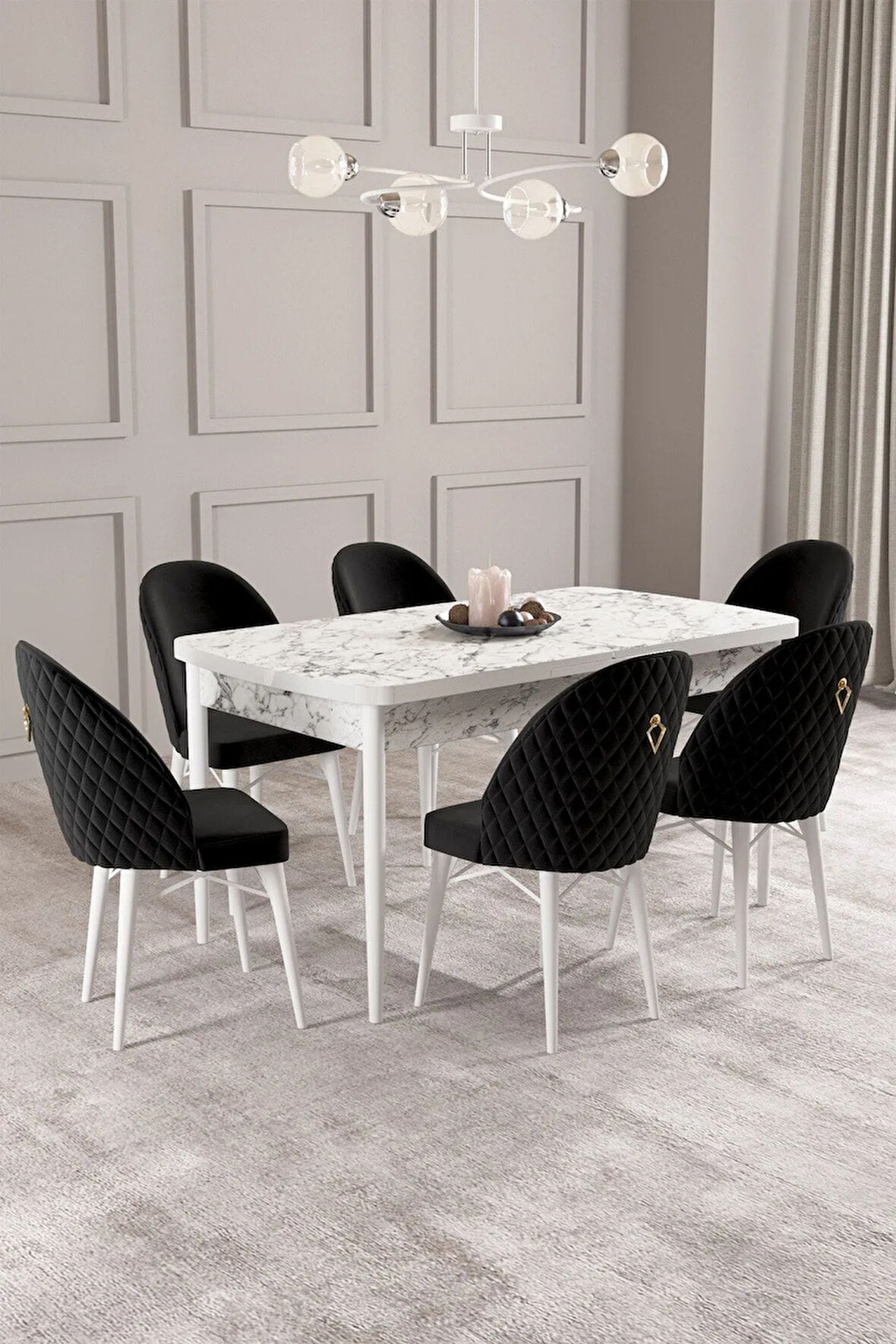 Calvin Beyaz Mermer Desen 80x132 MDF Açılabilir Mutfak Masası Takımı 6  Sandalye