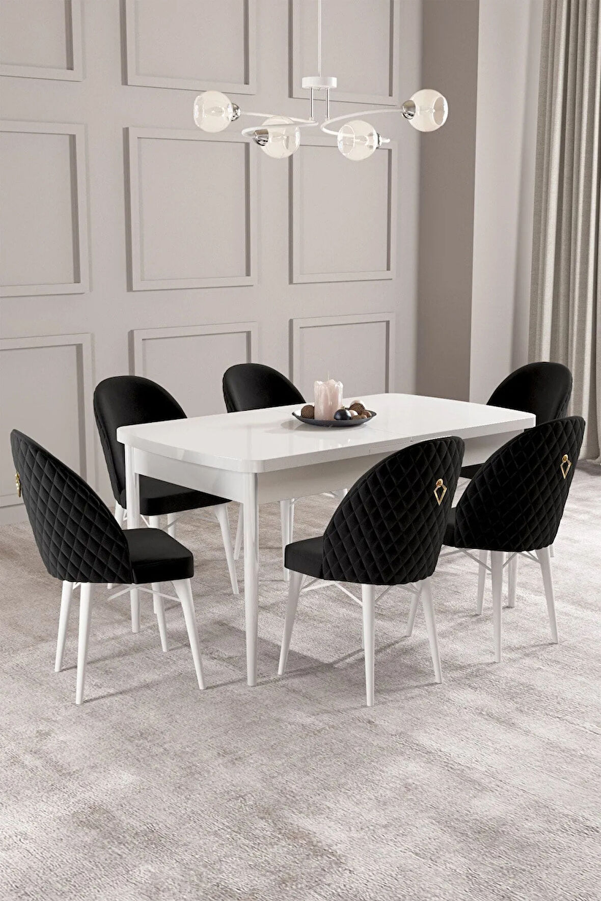 Calvin Beyaz 80x132 MDF Açılabilir Mutfak Masası Takımı 6  Sandalye