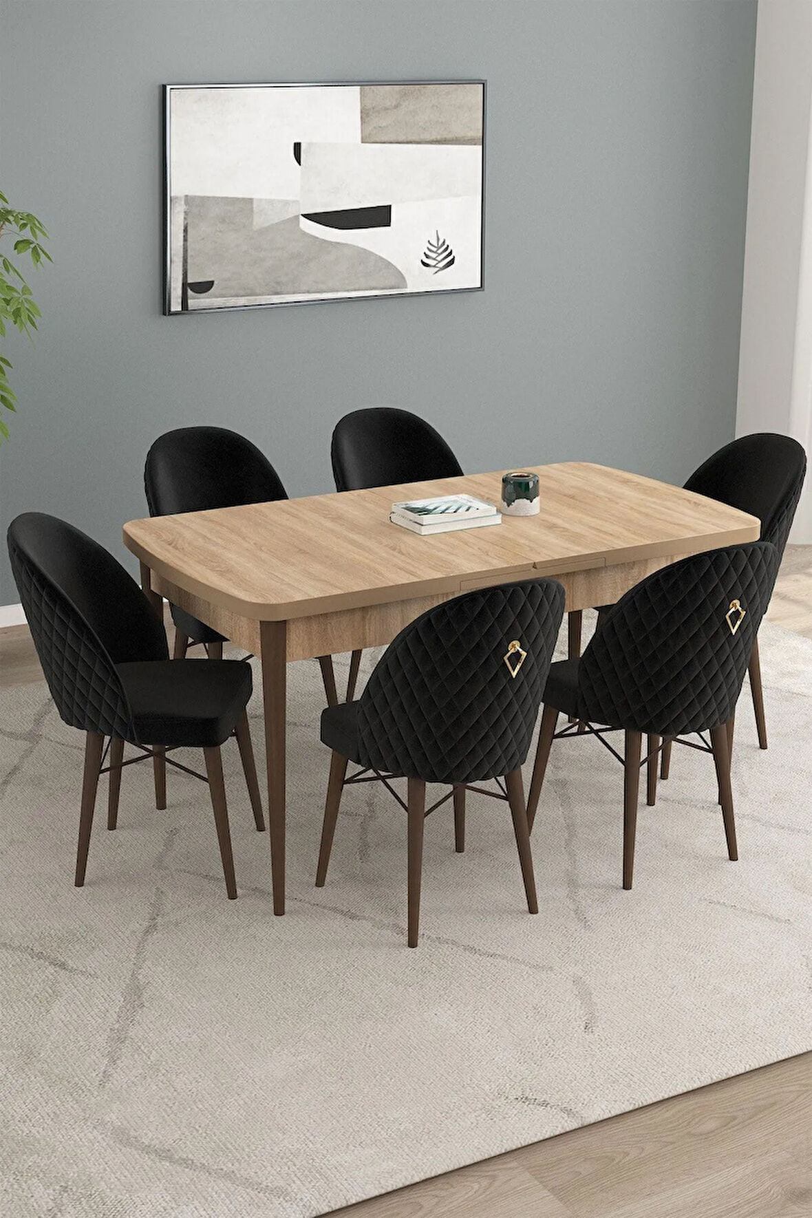 Calvin Meşe Desen 80x132 MDF Açılabilir Mutfak Masası Takımı 6  Sandalye