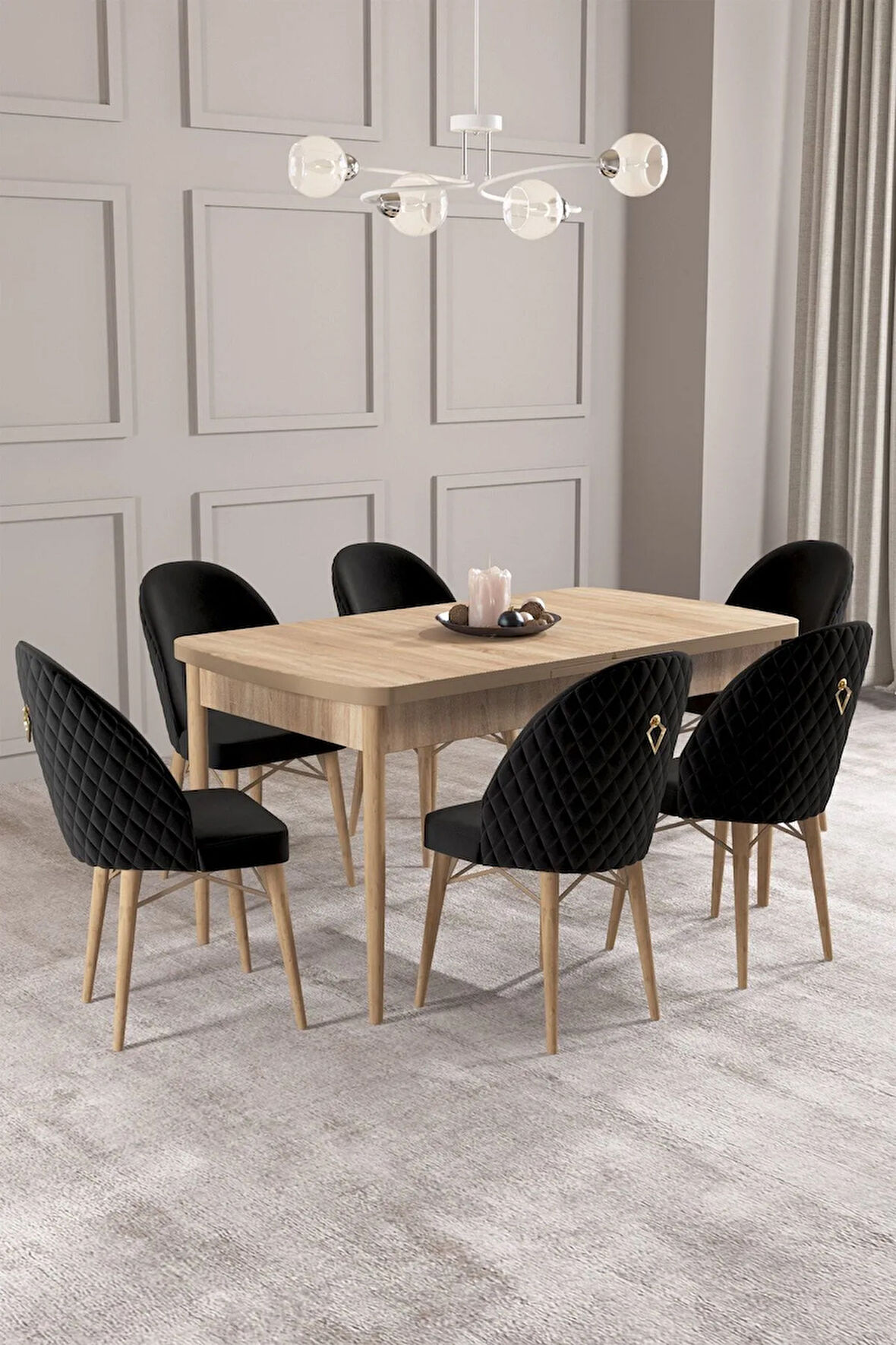 Calvin Meşe Desen 80x132 MDF Açılabilir Mutfak Masası Takımı 6  Sandalye