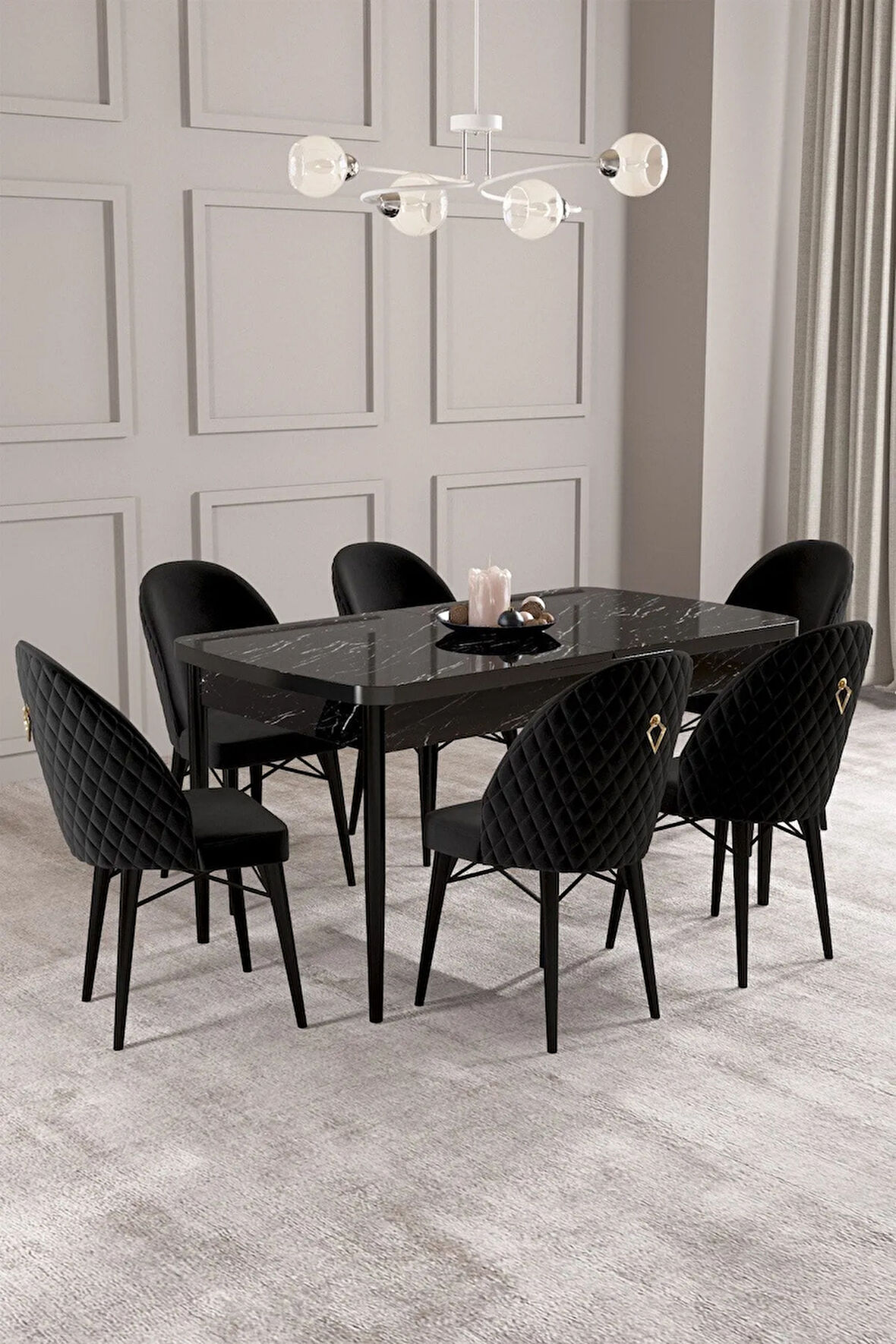 Calvin Siyah Mermer Desen 80x132 MDF Açılabilir Mutfak Masası Takımı 6  Sandalye