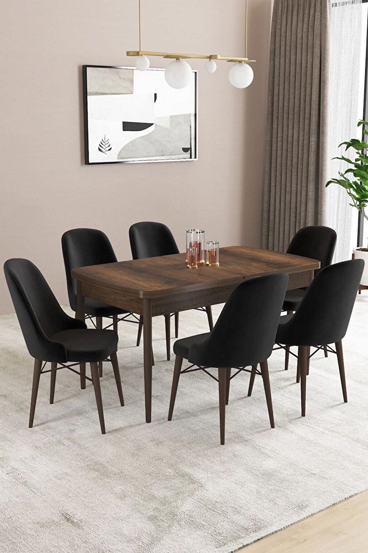 Fonza Barok 80x132 MDF Açılabilir Mutfak Masası Takımı 6  Sandalye