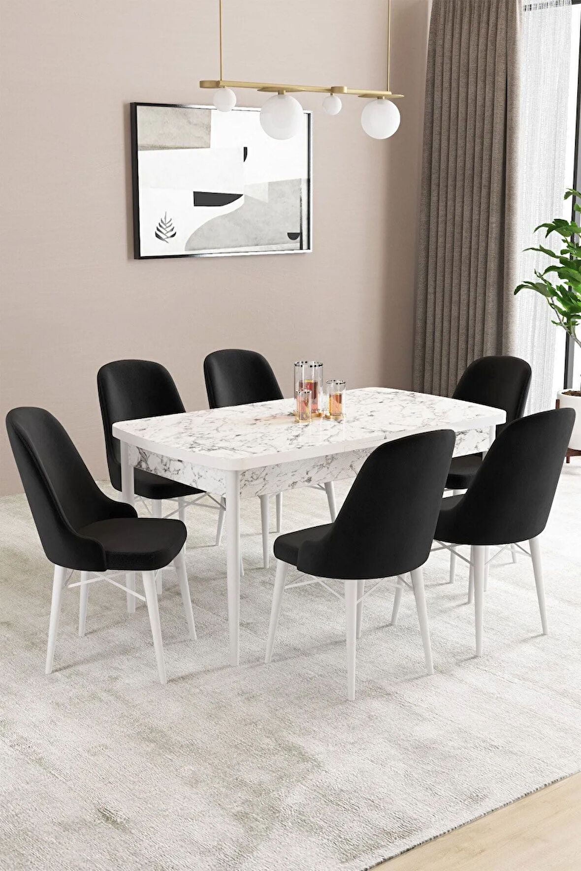 Fonza Beyaz Mermer Desen 80x132 MDF Açılabilir Mutfak Masası Takımı 6  Sandalye
