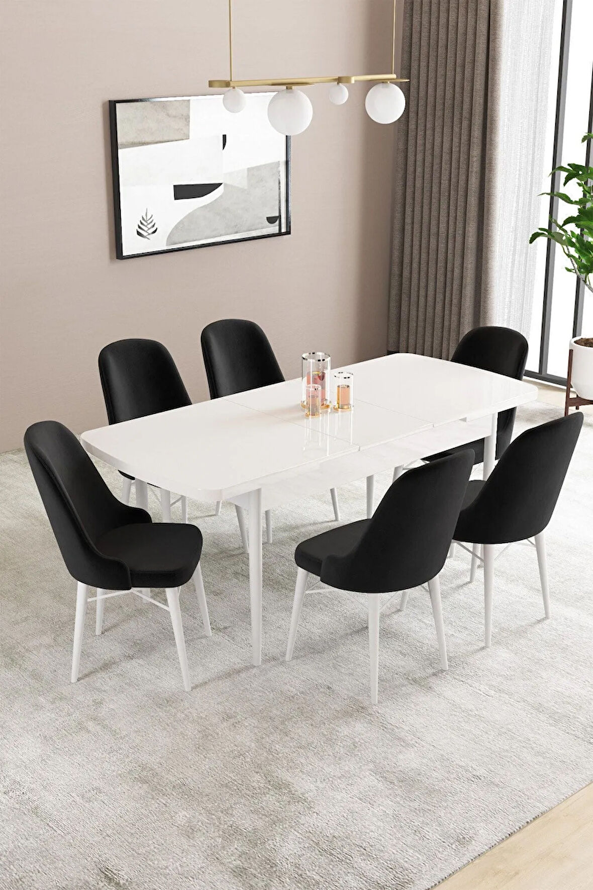 Fonza Beyaz 80x132 MDF Açılabilir Mutfak Masası Takımı 6  Sandalye