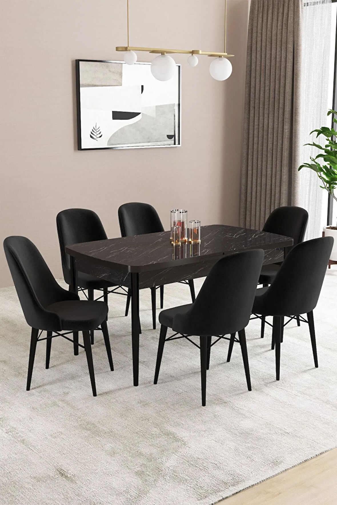 Fonza Siyah Mermer Desen 80x132 MDF Açılabilir Mutfak Masası Takımı 6  Sandalye