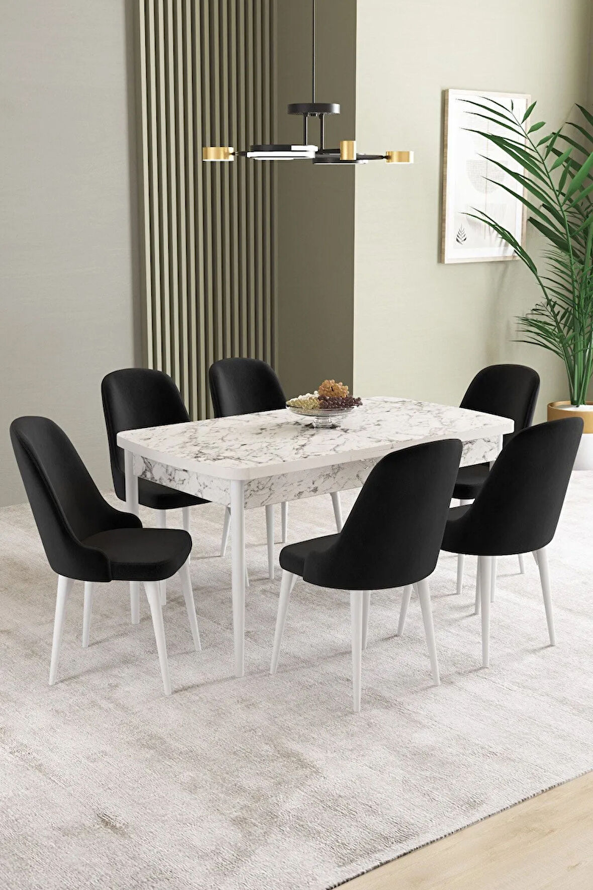 Ikon Beyaz Mermer Desen 80x132 MDF Açılabilir Yemek Masası Takımı 6  Sandalye