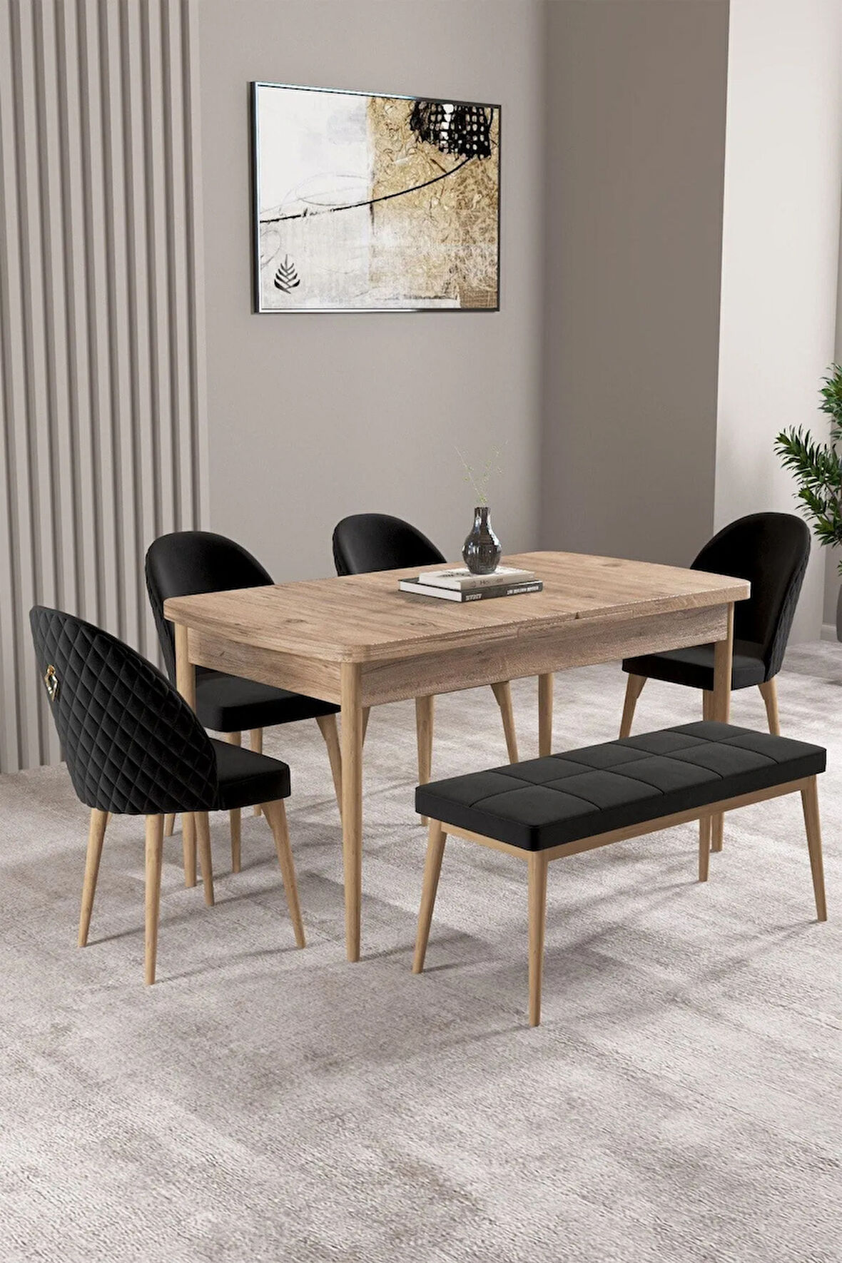 Ikon Meşe Desen 80x132 MDF Açılabilir Mutfak Masası Takımı 6  Sandalye