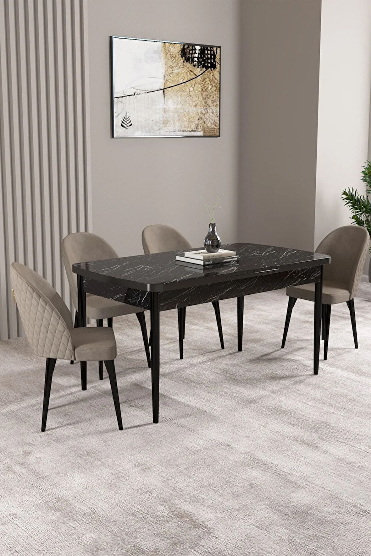 Jusie Beyaz Mermer Desen 80x132 Açılabilir Mutfak Masası Takımı 6  Sandalye