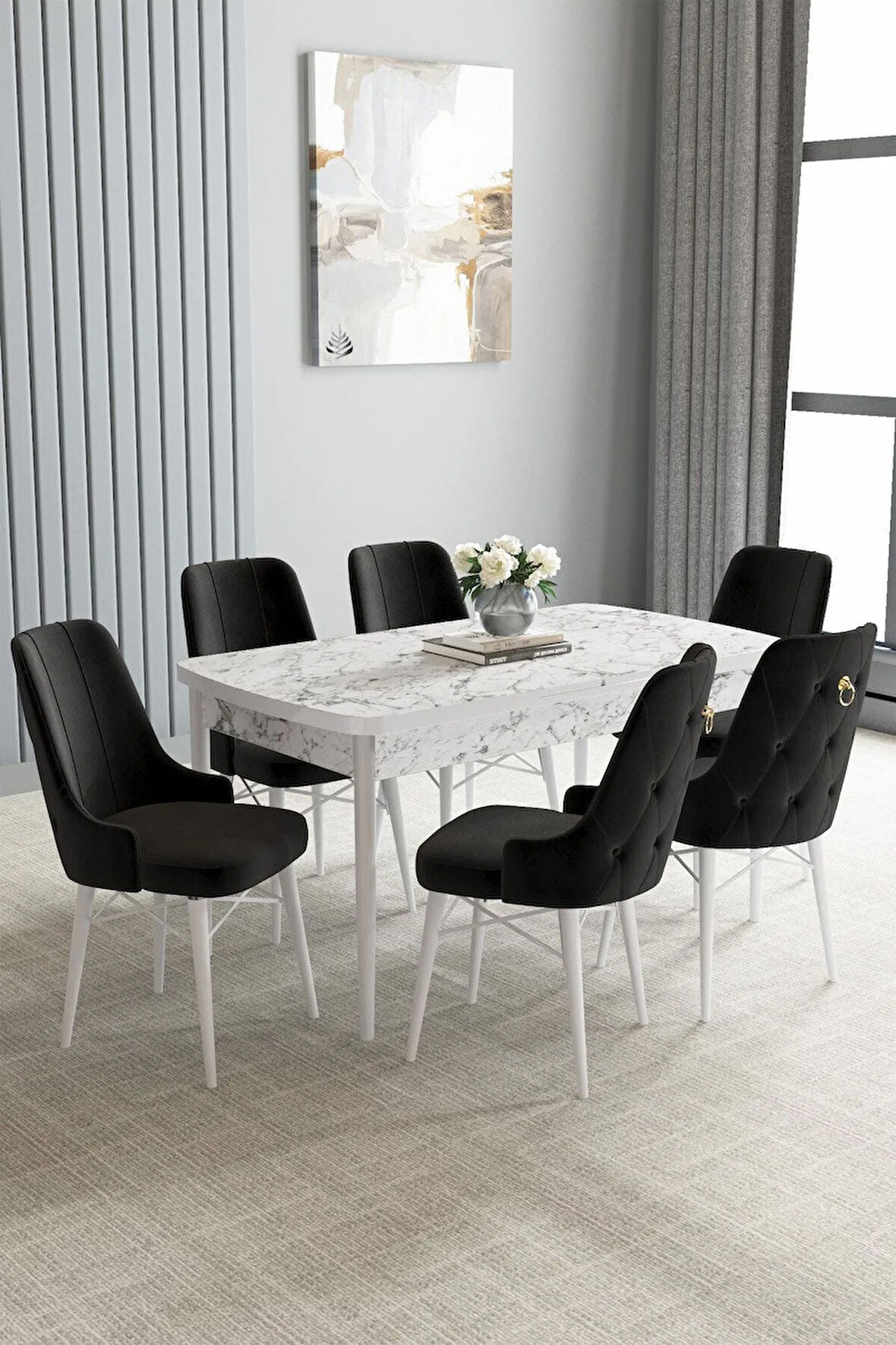 Jusie Beyaz Mermer Desen 80x132 Açılabilir Yemek Odası Takımı 6  Sandalye