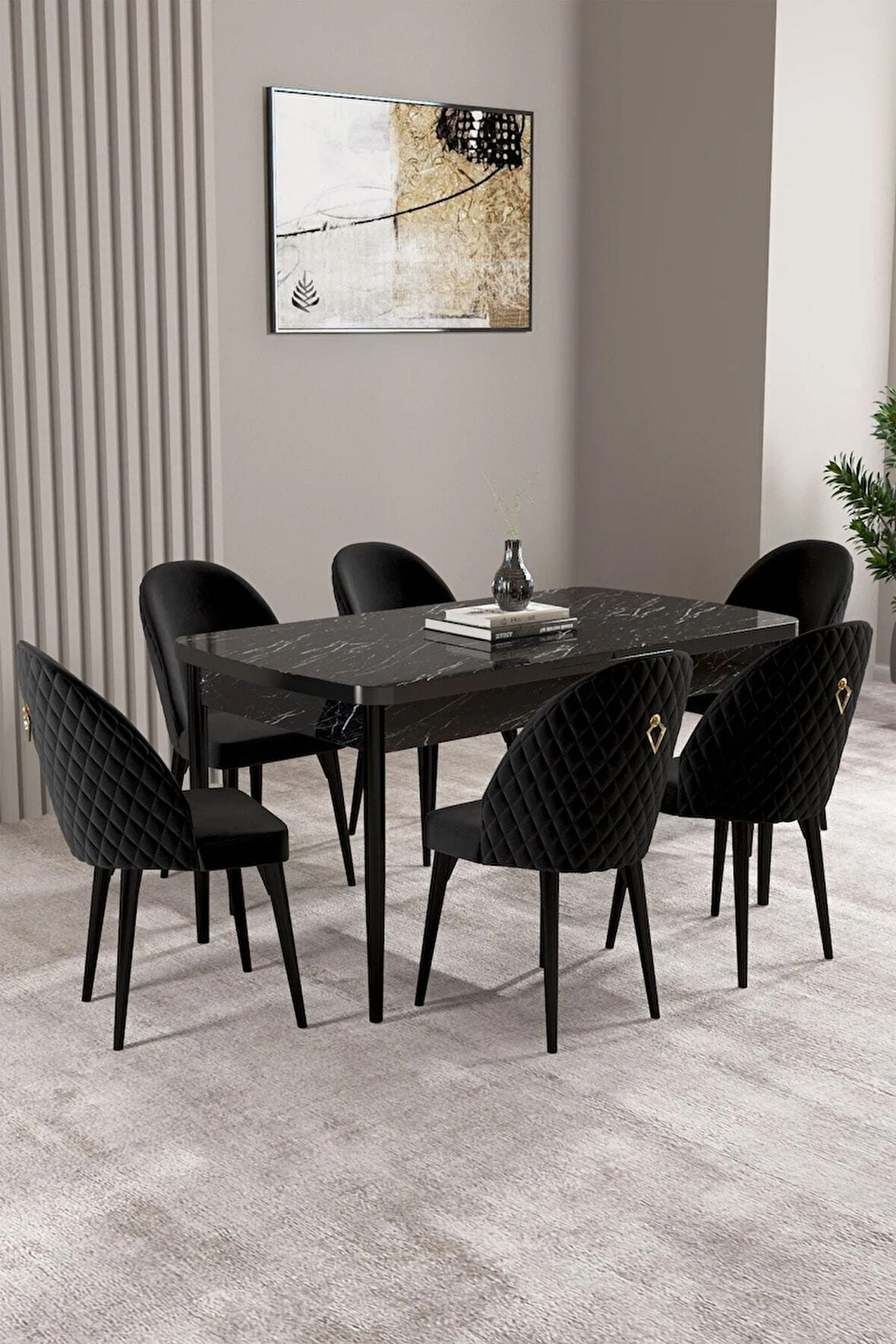 Lima Siyah Mermer Desen 80x132 MDF Açılabilir Mutfak Masası Takımı 6  Sandalye