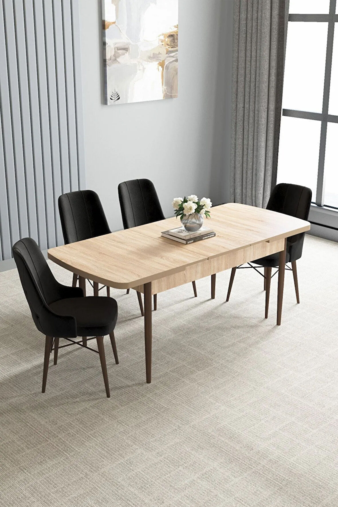 Mabel Beyaz Desen 80x132 MDF Açılabilir Mutfak Masası Takımı 6  Sandalye