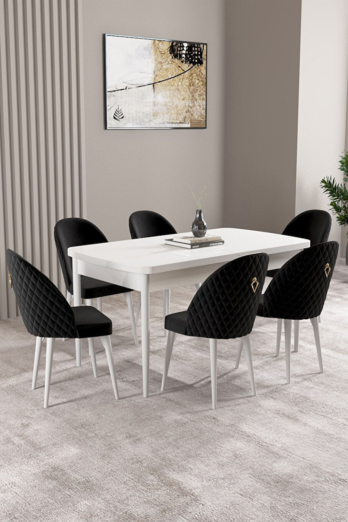 Milas Beyaz 80x132 Açılabilir Mdf Masa Yemek Odası Takımı, Mutfak Takımı 6 Adet Sandalye