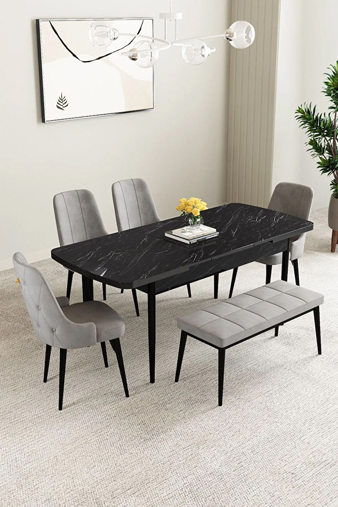 Milas Beyaz 80x132 MDF Açılabilir Mutfak Masası Takımı 6  Sandalye