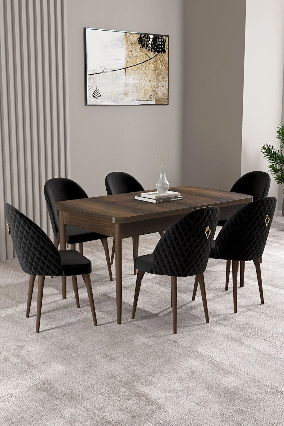 Milas Barok Desen 80x132 MDF Açılabilir Yemek Masası Takımı 6  Sandalye