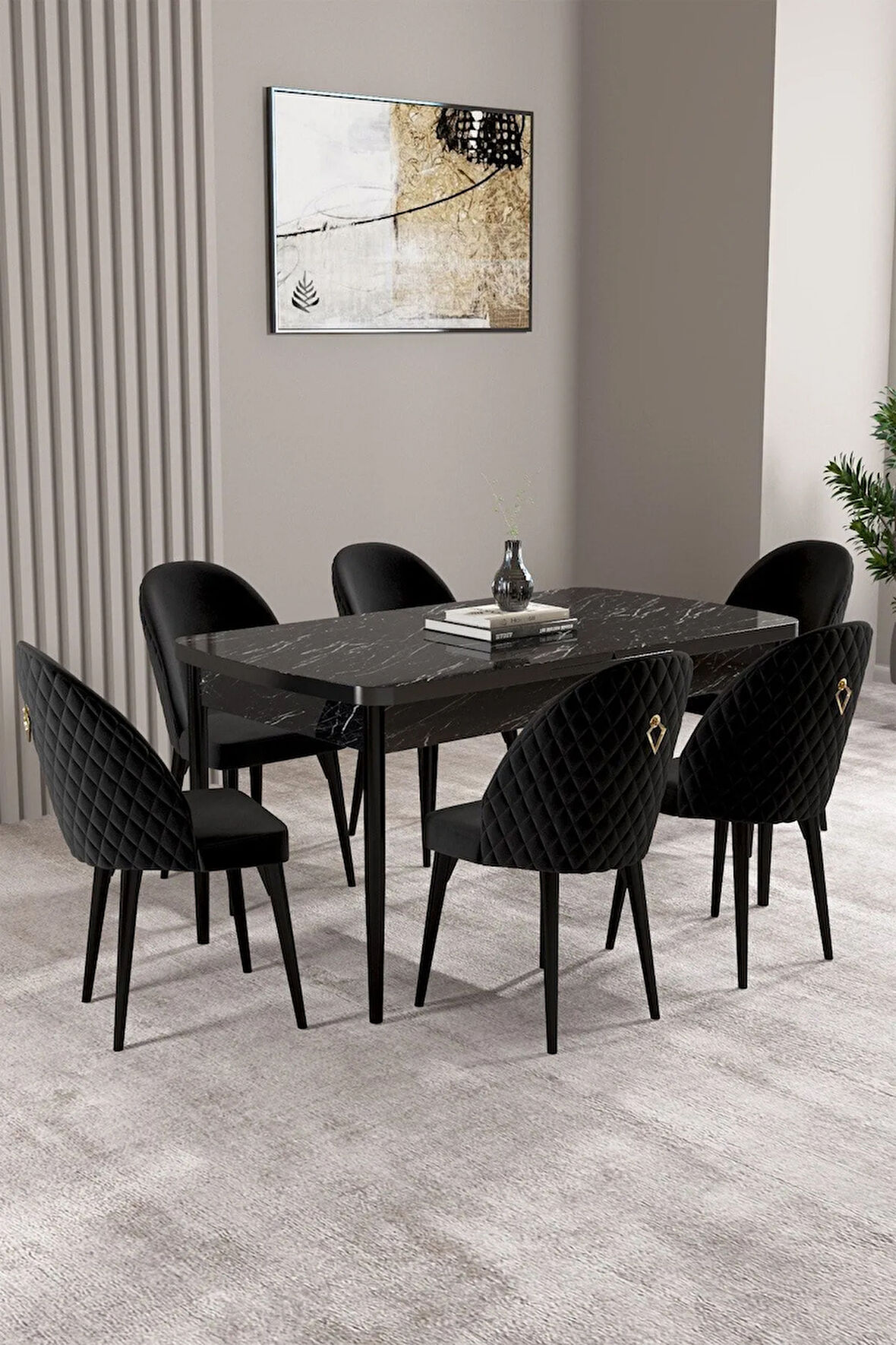 Milas Siyah Mermer Desen 80x132 MDF Açılabilir Yemek Masası Takımı 6  Sandalye