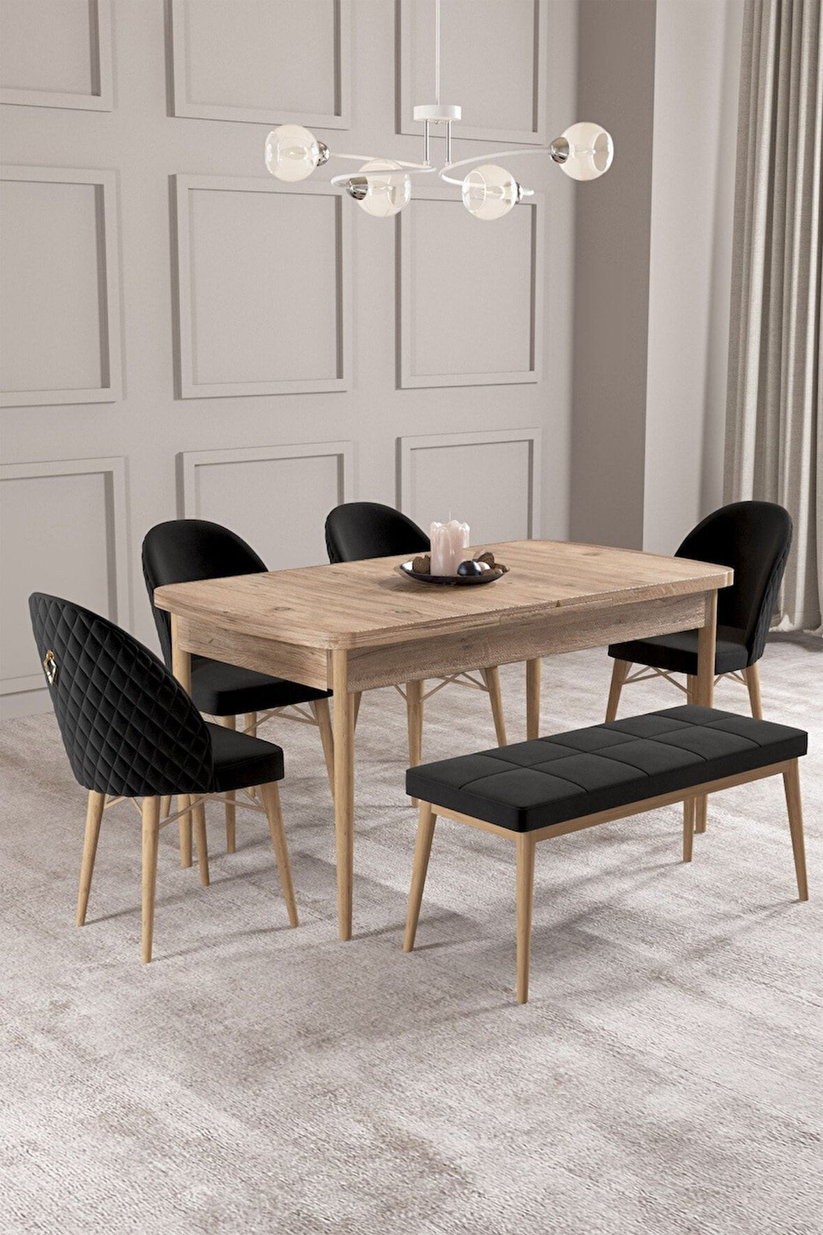 Calvin Atlantik 80x132 Açılabilir Mdf Masa Yemek Odası Takımı, Mutfak Takımı 4 Sandalye, 1 Bench