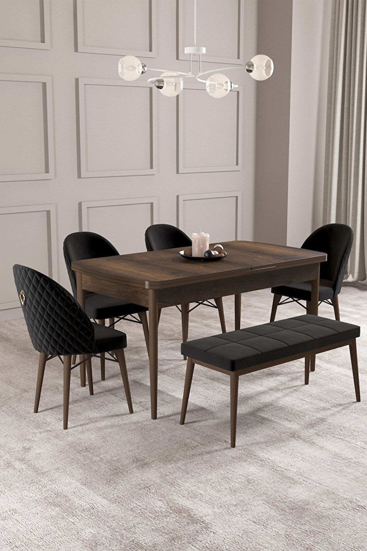 Calvin Barok 80x132 Açılabilir Mdf Masa Yemek Odası Takımı, Mutfak Takımı 4 Sandalye, 1 Bench