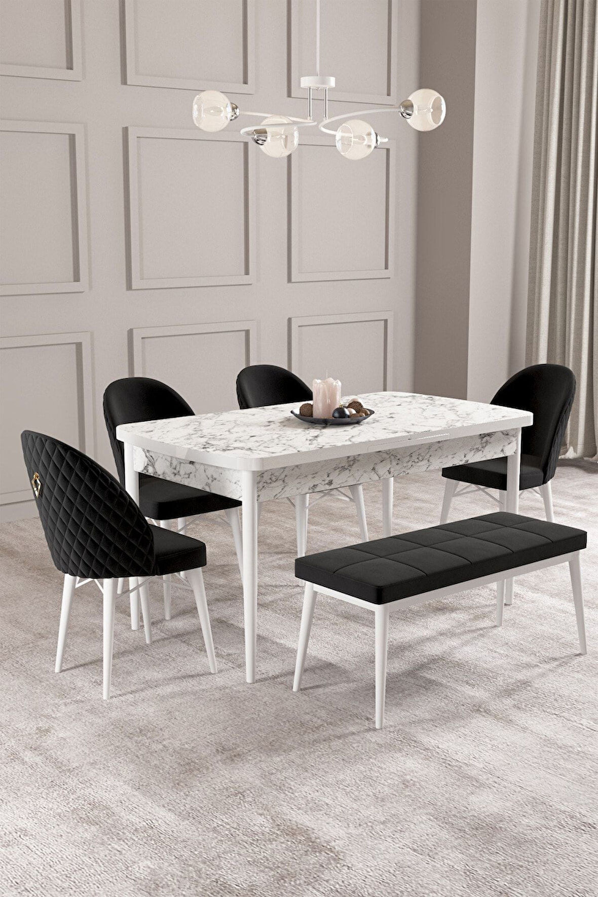 Calvin Beyaz Mermer 80x132 Açılabilir Mdf Masa Yemek Odası Takımı, Mutfak Takımı 4 Sandalye, 1 Bnch 