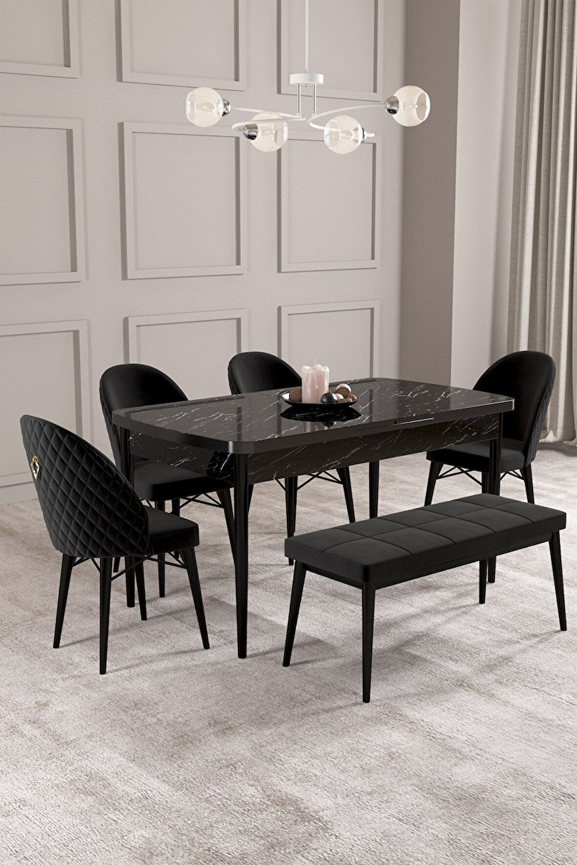 Calvin Siyah Mermer 80x132 Açılabilir Mdf Masa Yemek Odası Takımı, Mutfak Takımı 4 Adet Sandalye, 1 