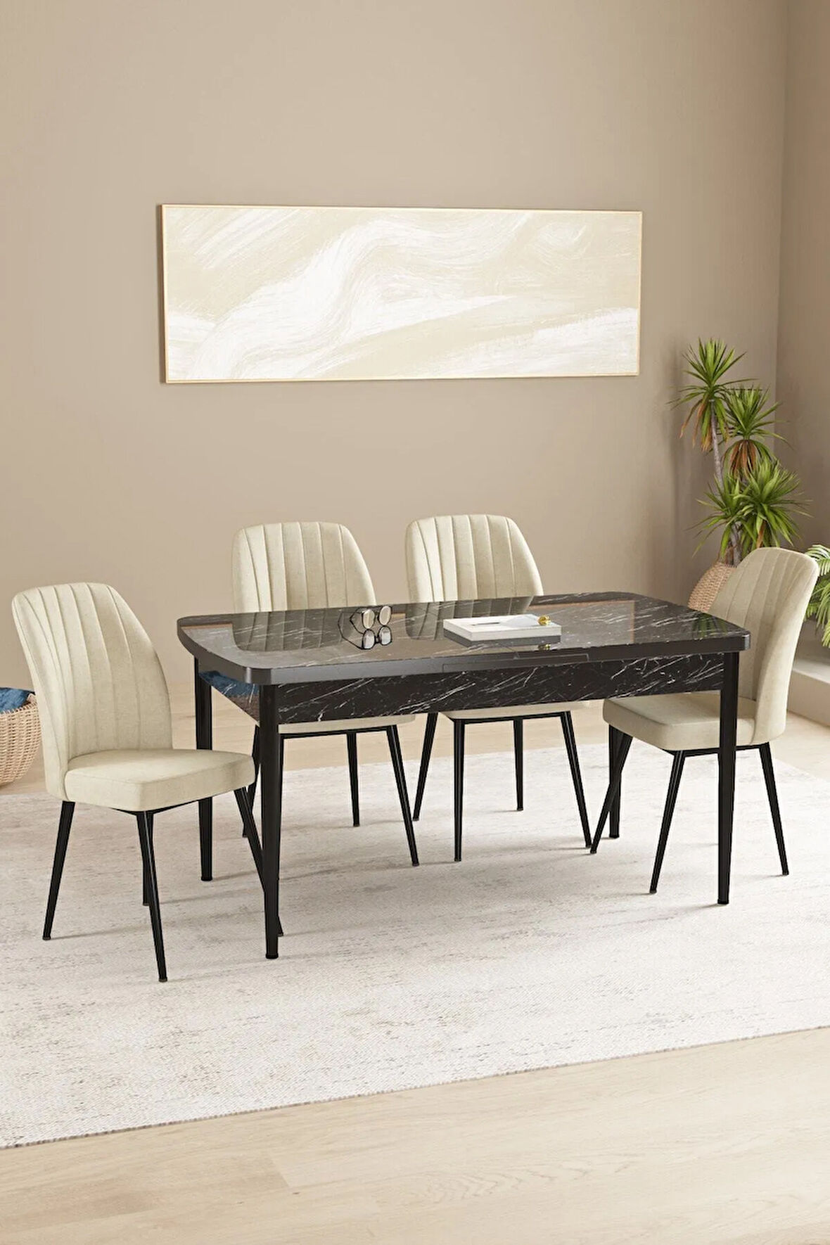 Clara Barok Desen 80x132 Açılabilir Mutfak Masası Takımı 4 Sandalye, 1 Bench