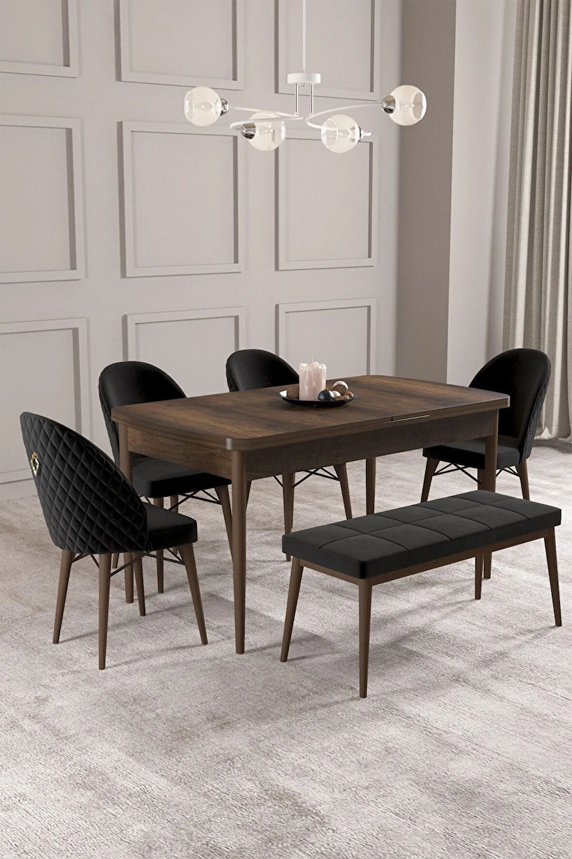 Calvin Barok Desen 80x132 MDF Açılabilir Mutfak Masası Takımı 4 Sandalye, 1 Bench