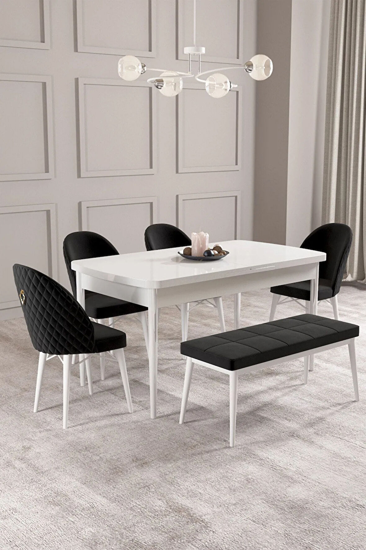 Calvin Beyaz 80x132 MDF Açılabilir Mutfak Masası Takımı 4 Sandalye, 1 Bench