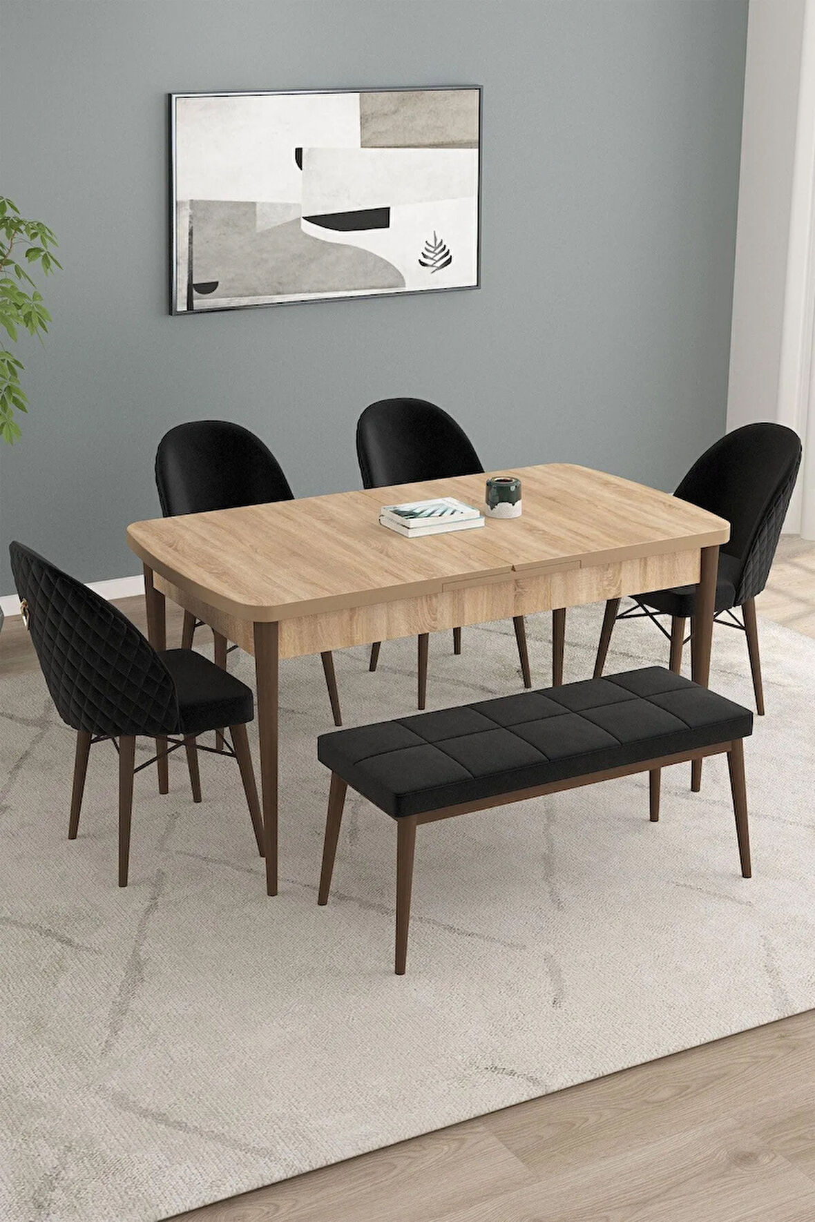 Calvin Meşe Desen 80x132 MDF Açılabilir Mutfak Masası Takımı 4 Sandalye, 1 Bench