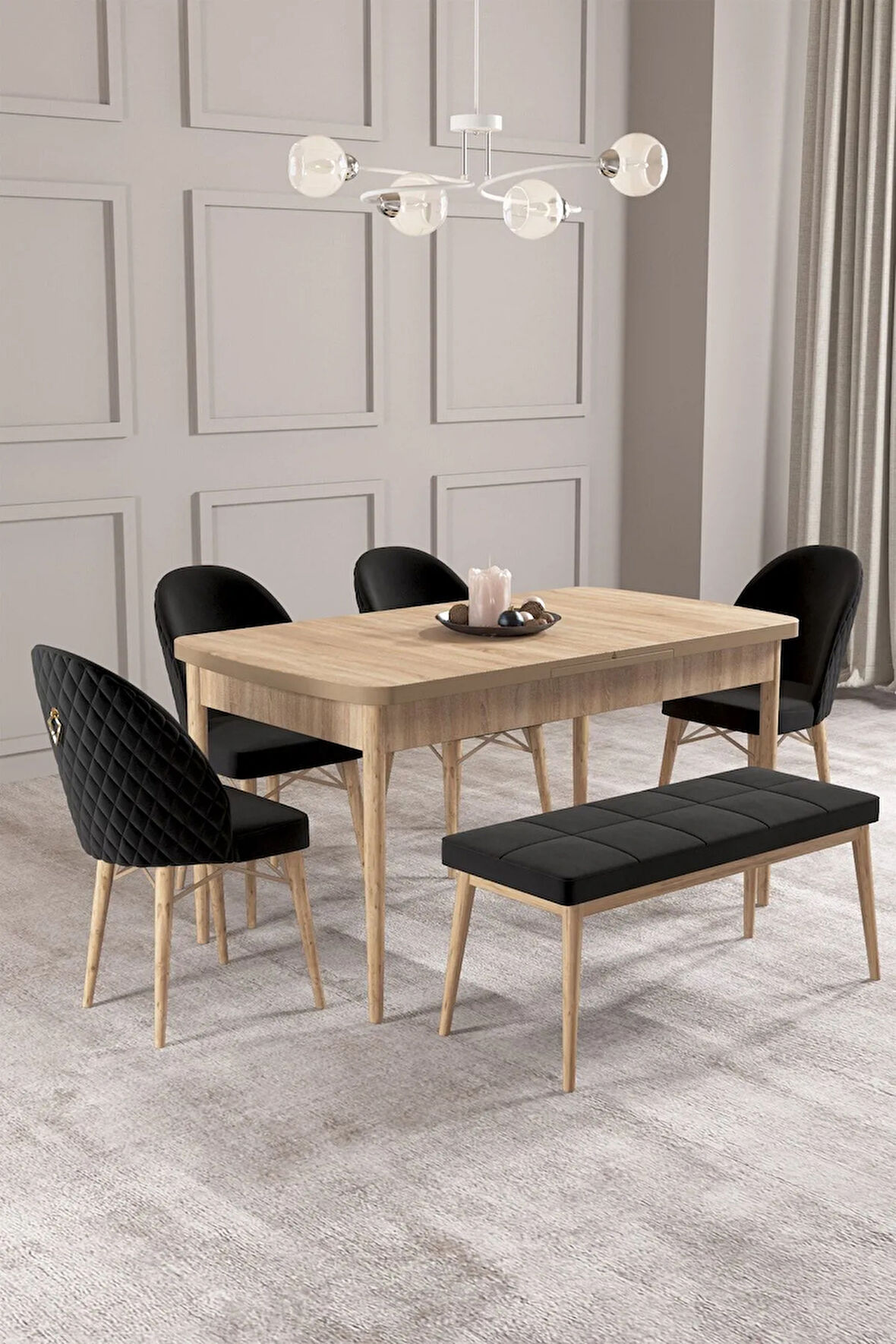 Calvin Meşe Desen 80x132 MDF Açılabilir Mutfak Masası Takımı 4 Sandalye, 1 Bench