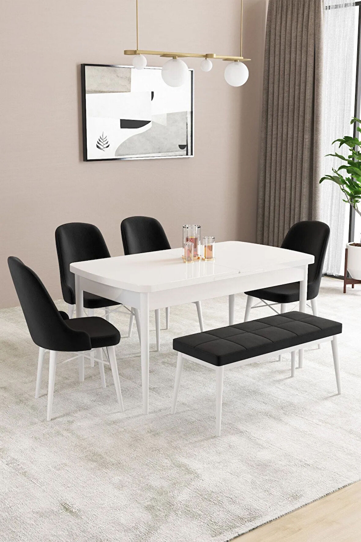 Fonza Beyaz 80x132 MDF Açılabilir Mutfak Masası Takımı 4 Sandalye , 1 Bench