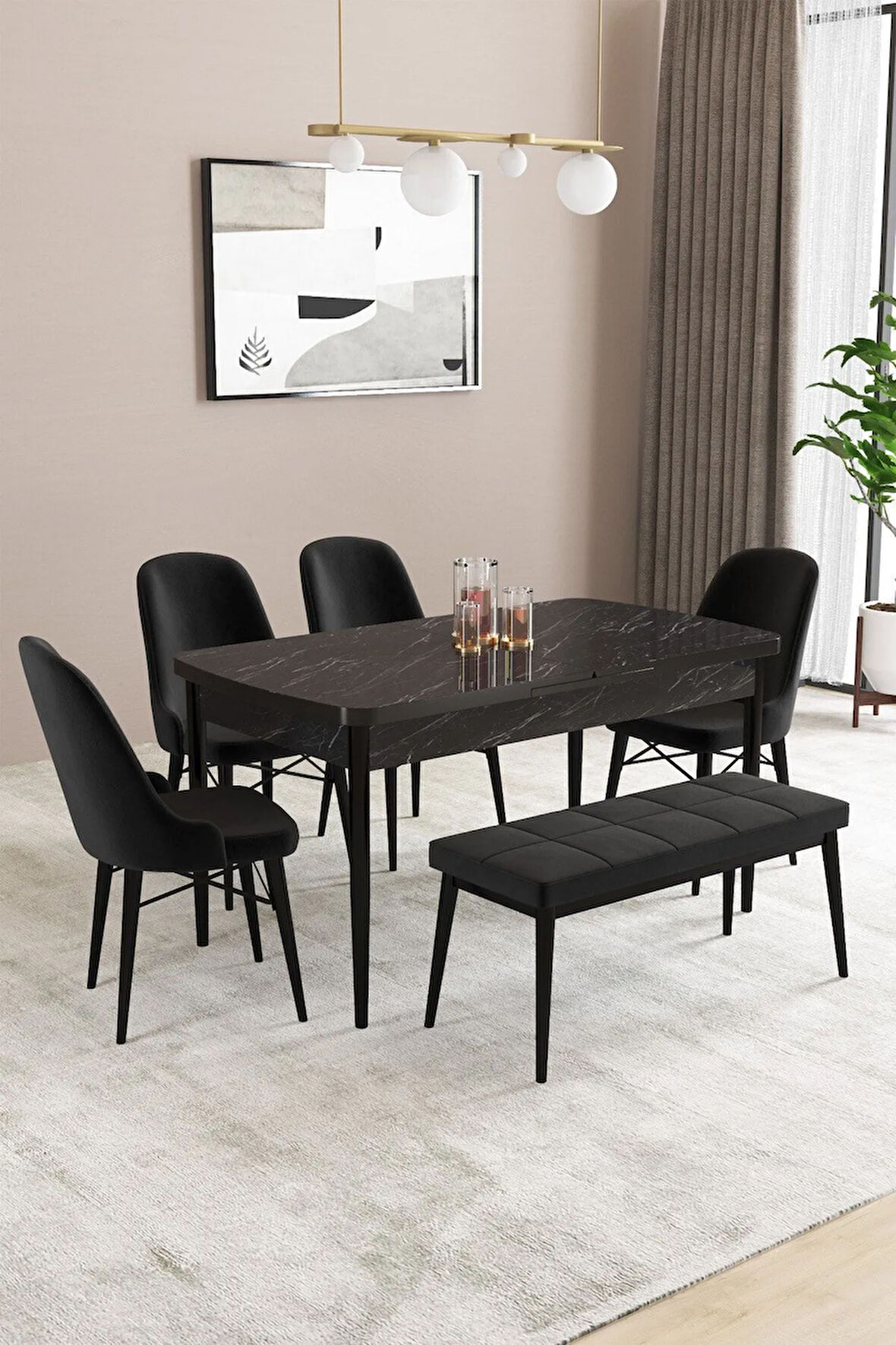 Fonza Siyah Mermer Desen MDF 80x132 MDF Açılabilir Mutfak Masası Takımı 4 Sandalye , 1 Bench