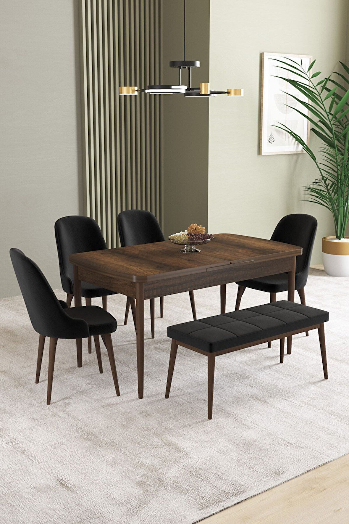 Ikon Barok Desen 80x132 Açılabilir Mdf Masa Yemek Odası Takımı, Mutfak Takımı 4 Sandalye, 1 Bench