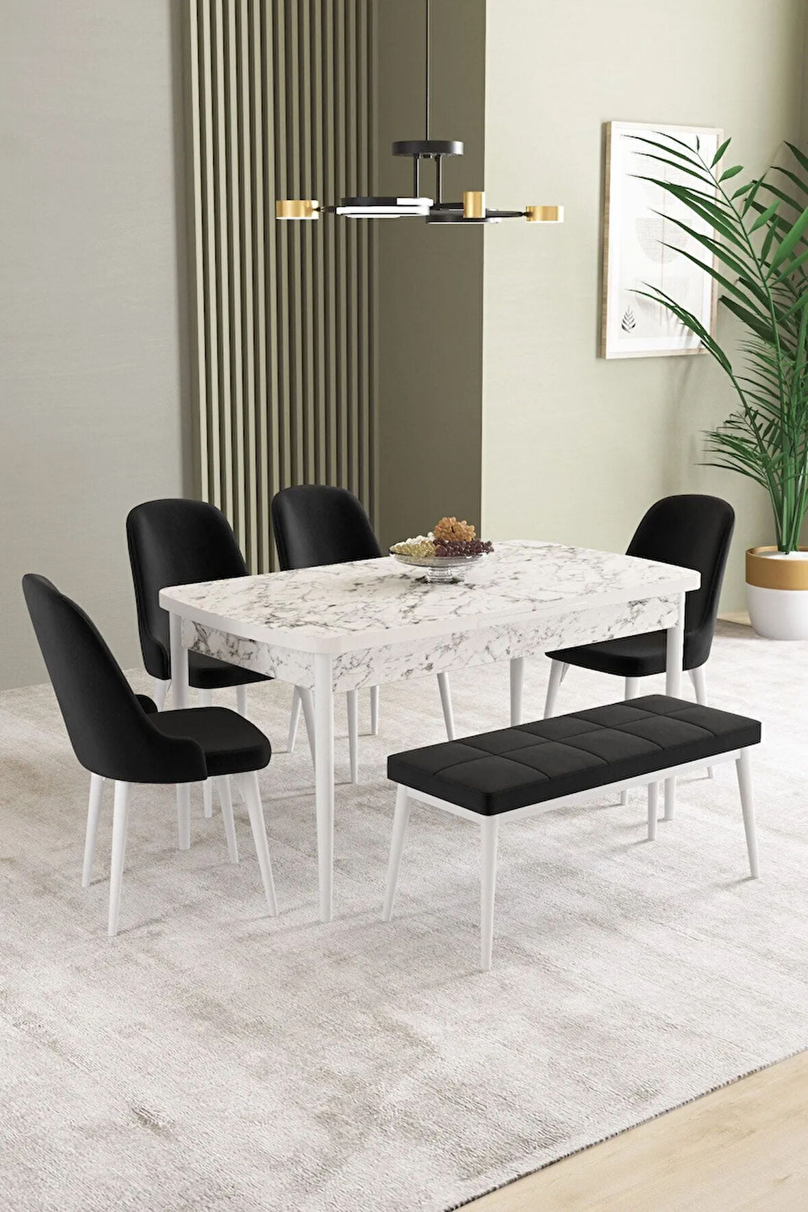 Ikon Beyaz Mermer Desen 80x132 MDF Açılabilir Mutfak Masası Takımı 4 Sandalye, 1 Bench
