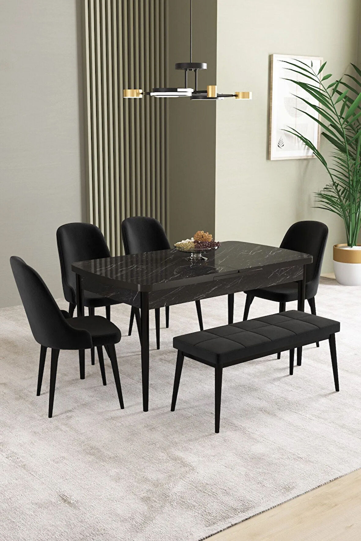 Ikon Siyah Mermer Desen 80x132 MDF Açılabilir Mutfak Masası Takımı 4 Sandalye, 1 Bench