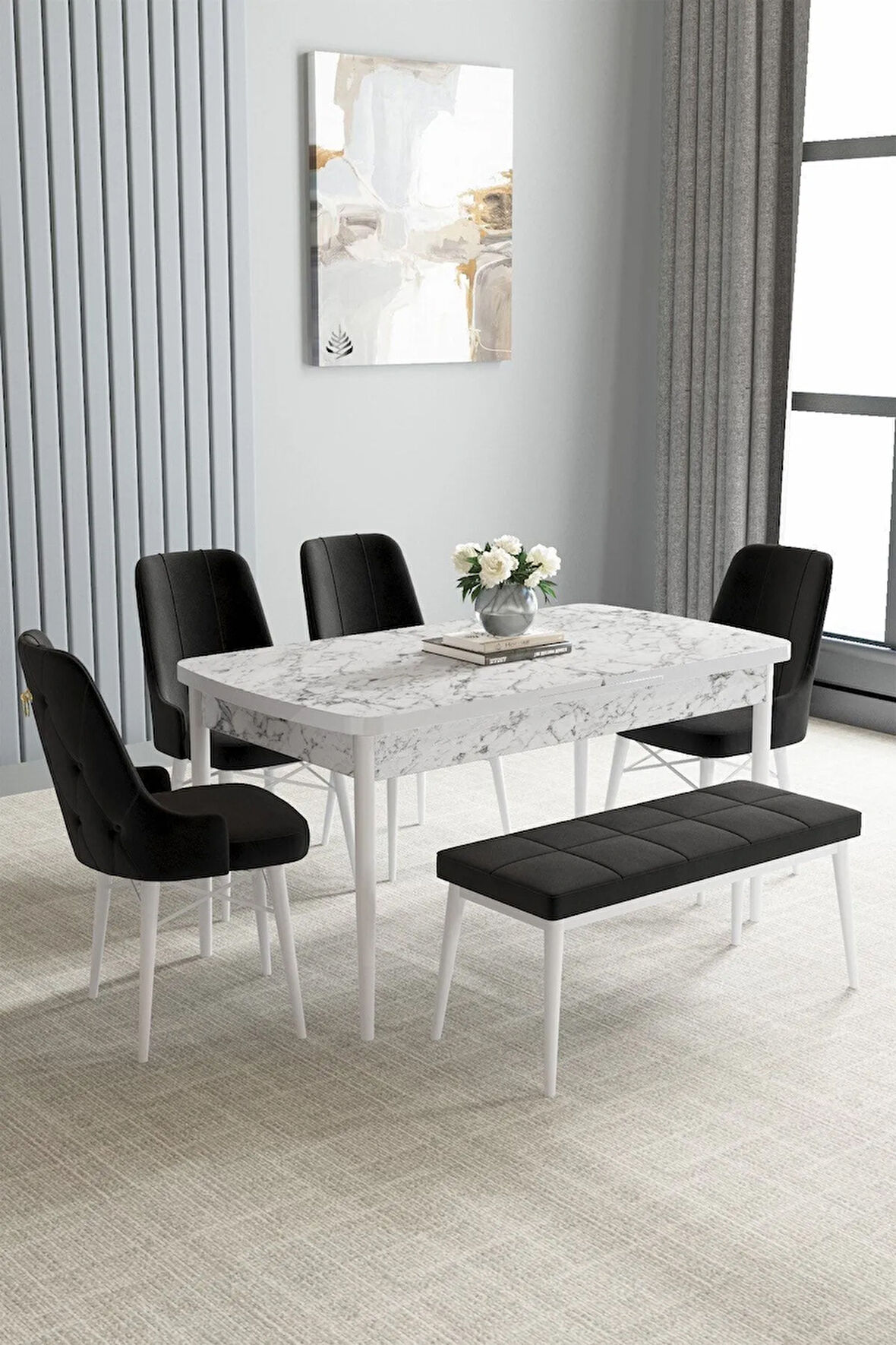 Jusie Beyaz Mermer Desen 80x132 Açılabilir Yemek Odası Takımı 4 Sandalye, 1 Bench