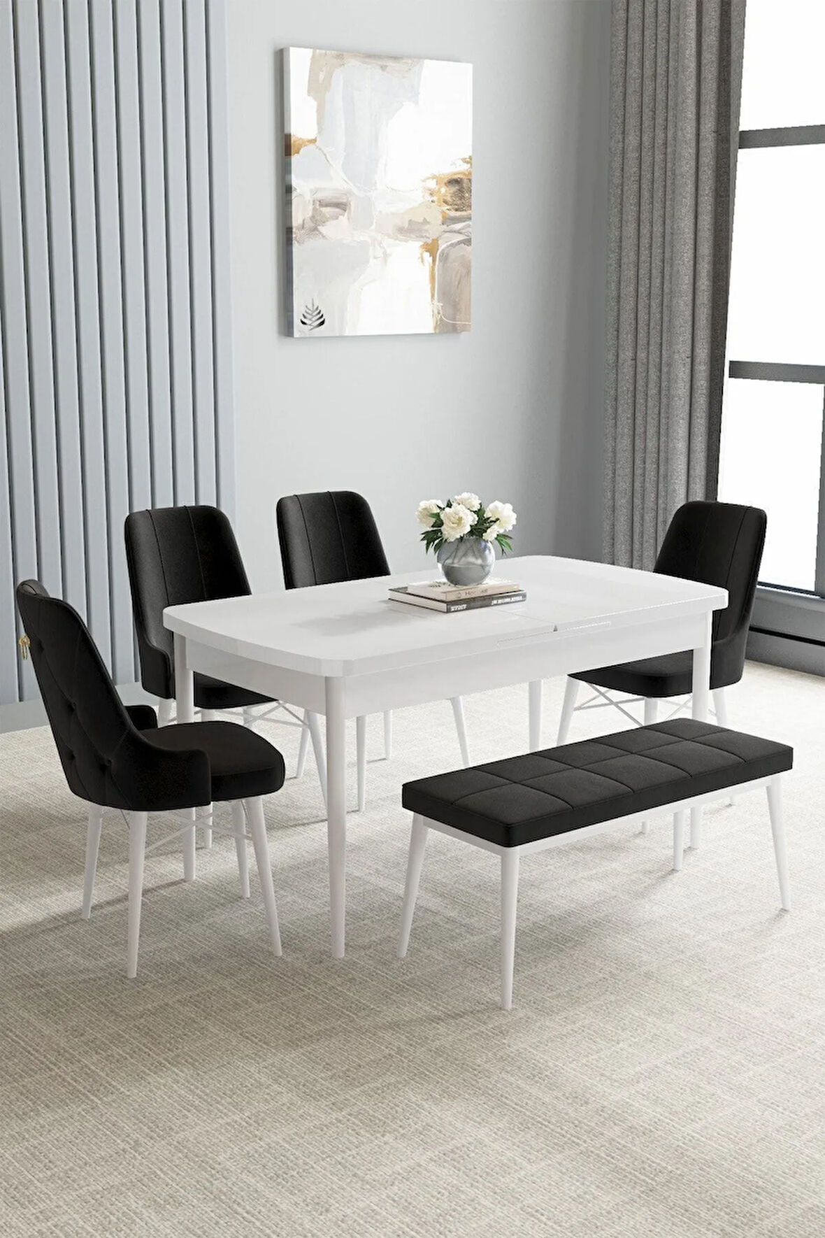 Jusie Beyaz 80x132 Açılabilir Mutfak Masası Takımı 4 Sandalye, 1 Bench