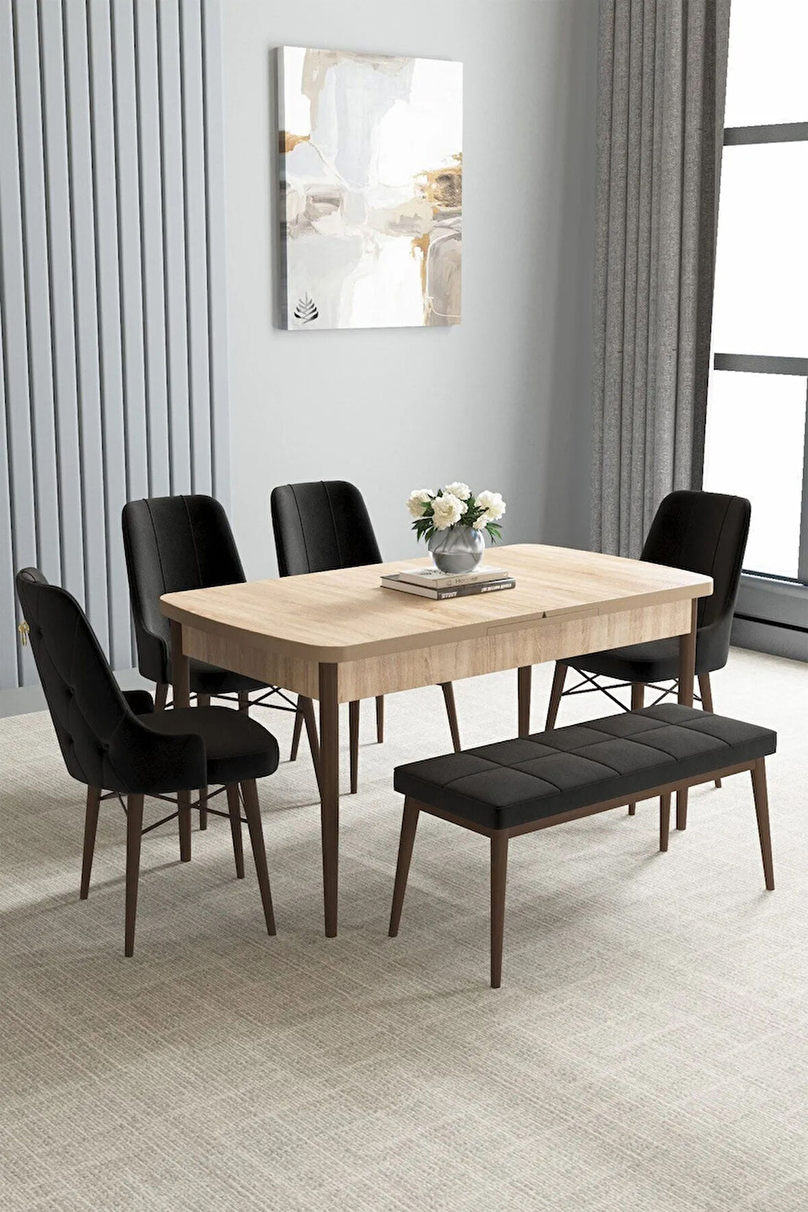 Arvela Meşe Desen 80x132 MDF Açılabilir Mutfak Masası Takımı 4 Sandalye, 1 Bench