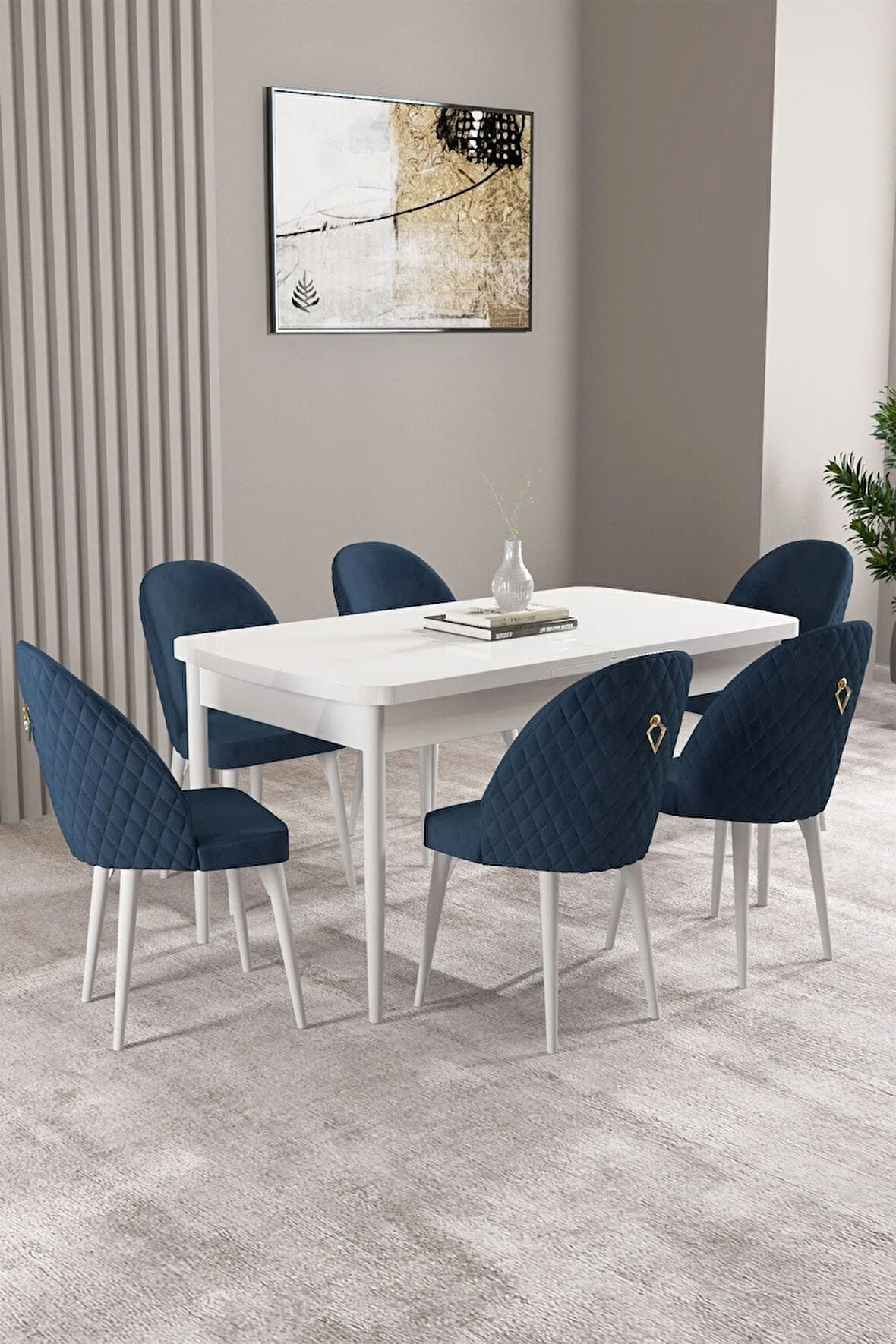 Mabel Beyaz Mermer Desen 80x132 MDF Açılabilir Mutfak Masası Takımı 4 Sandalye 1 Bench