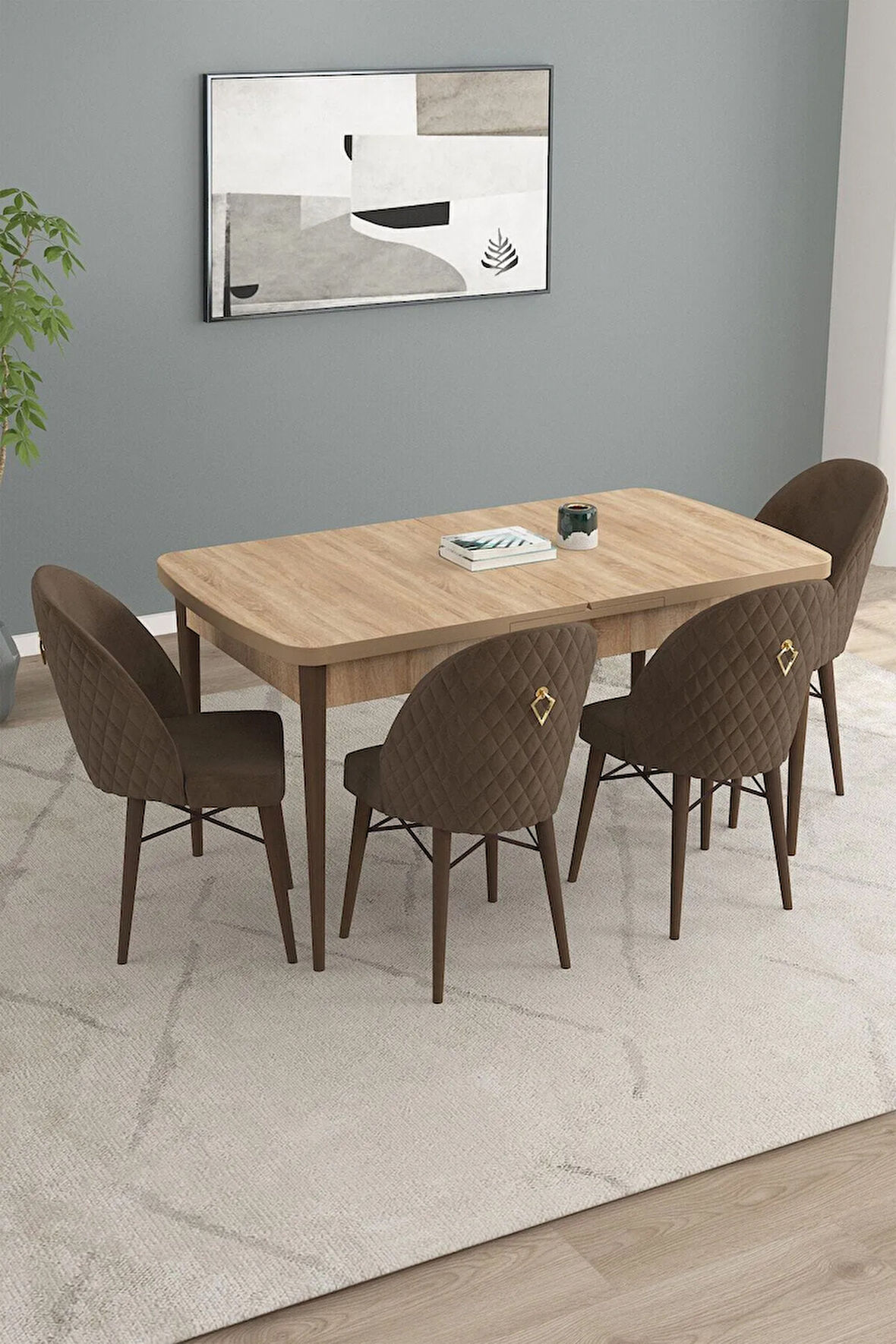 Mabel Siyah Mermer Desen 80x132 Açılabilir Yemek Odası Takımı 4 Sandalye, 1 Bench