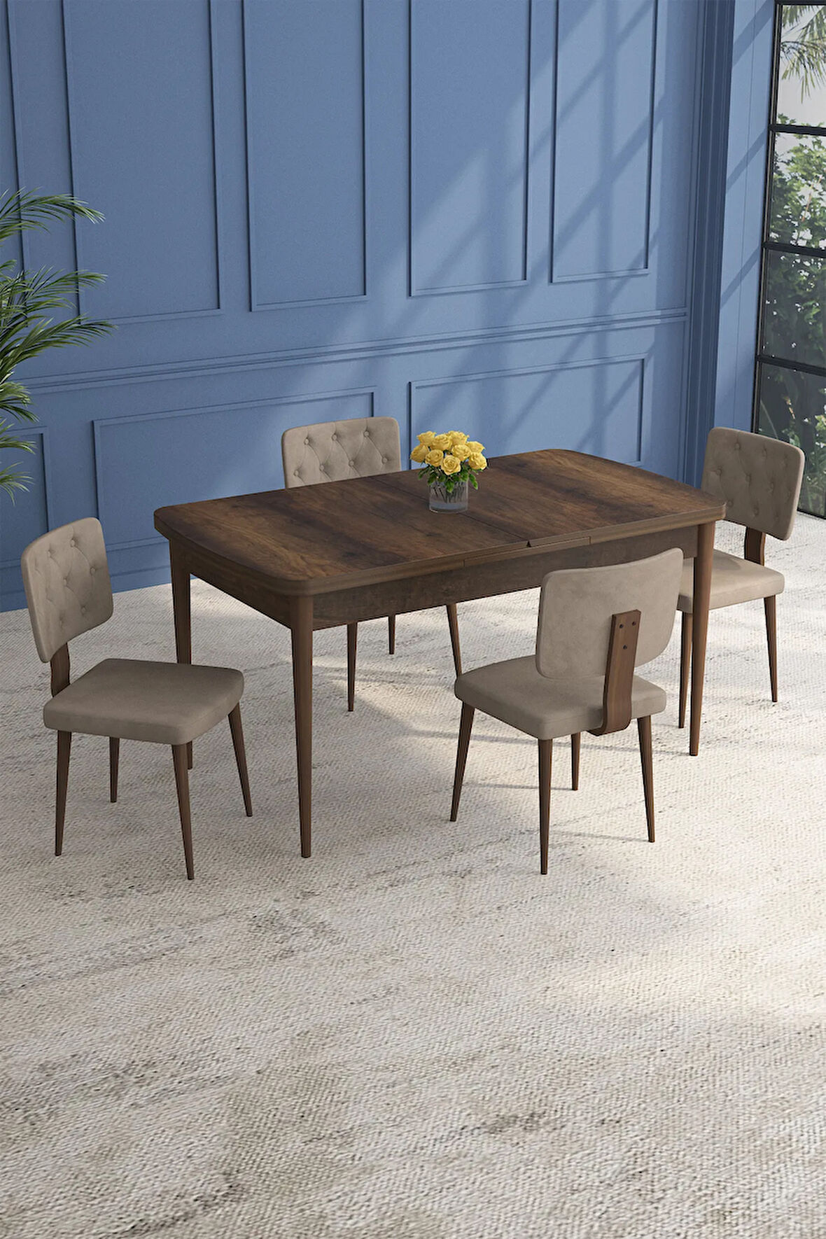 Mabel Meşe Desen 80x132 MDF Açılabilir Mutfak Masası Takımı 4 Sandalye 1 Bench
