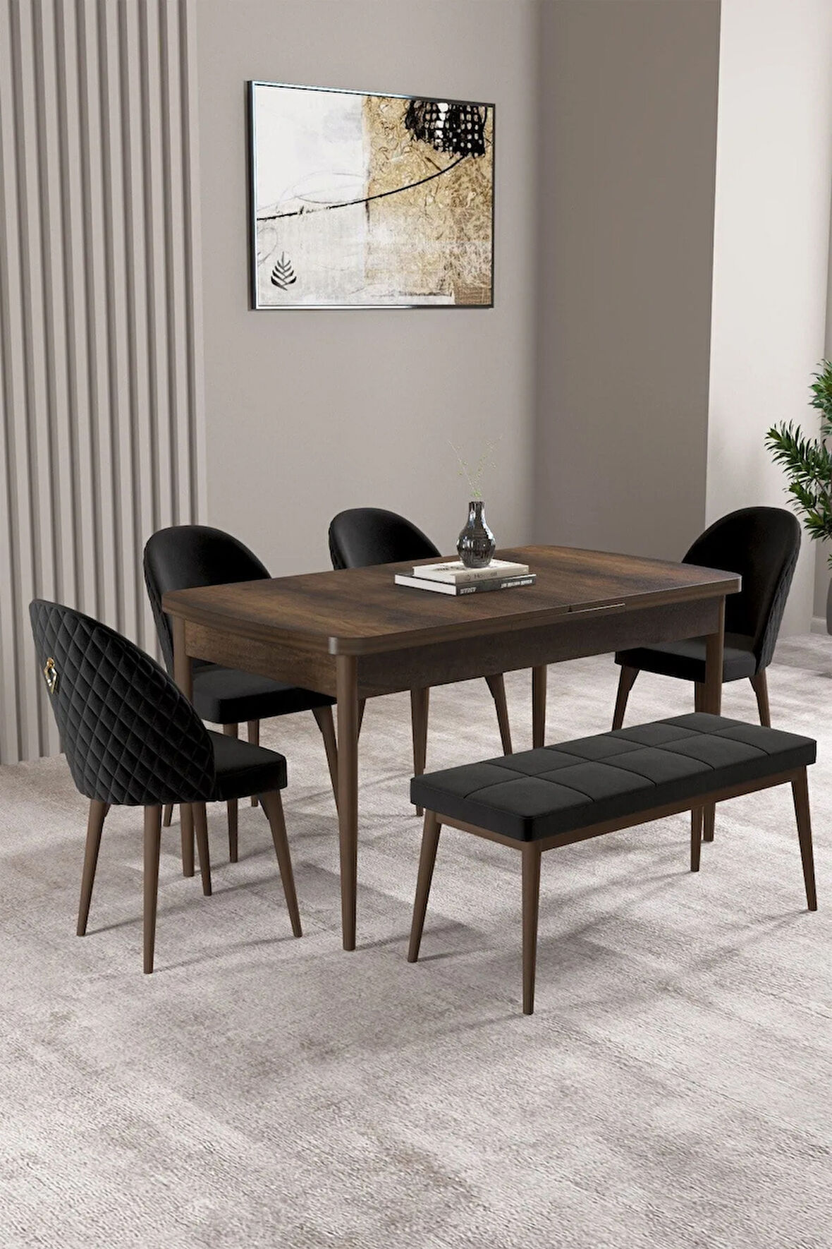 Milas Barok Desen 80x132 MDF Açılabilir Mutfak Masası Takımı 4 Sandalye, 1 Bench