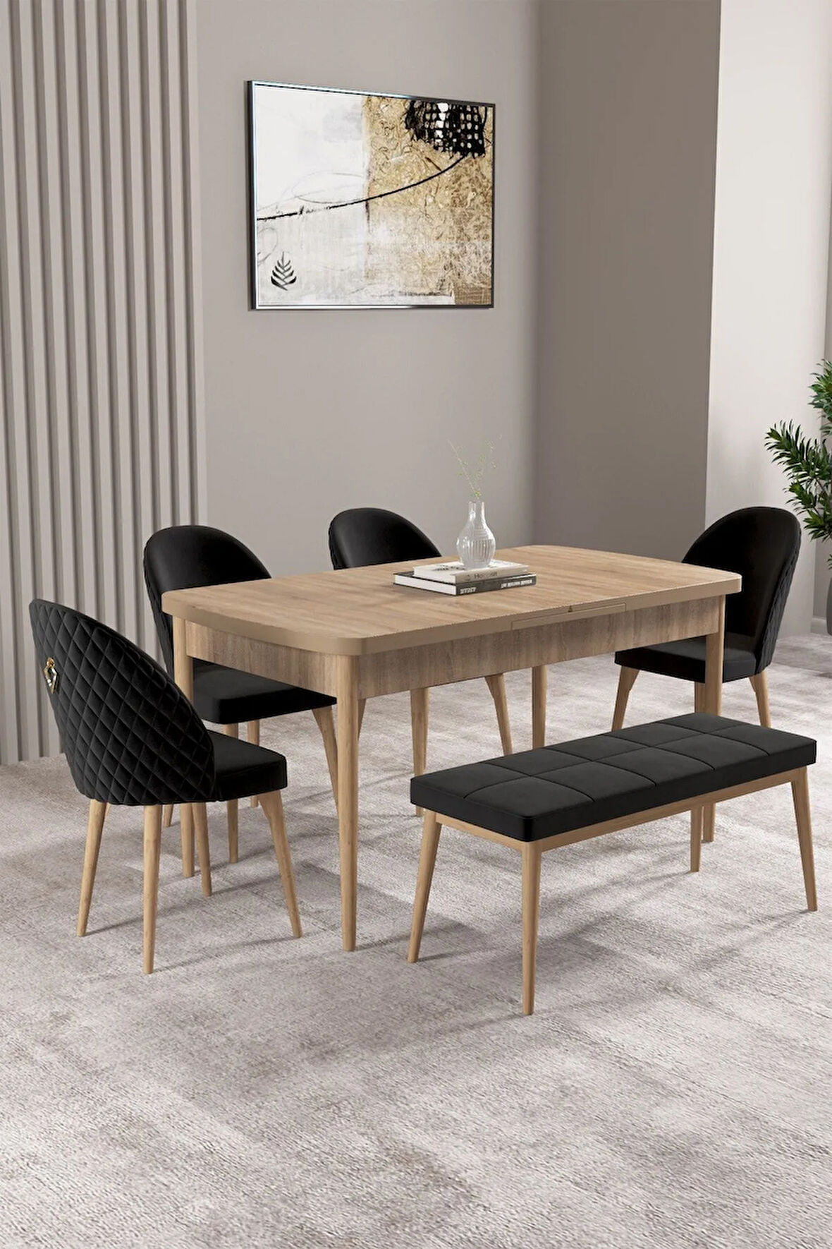 Milas Meşe Desen 80x132 MDF Açılabilir Mutfak Masası Takımı 4 Sandalye, 1 Bench