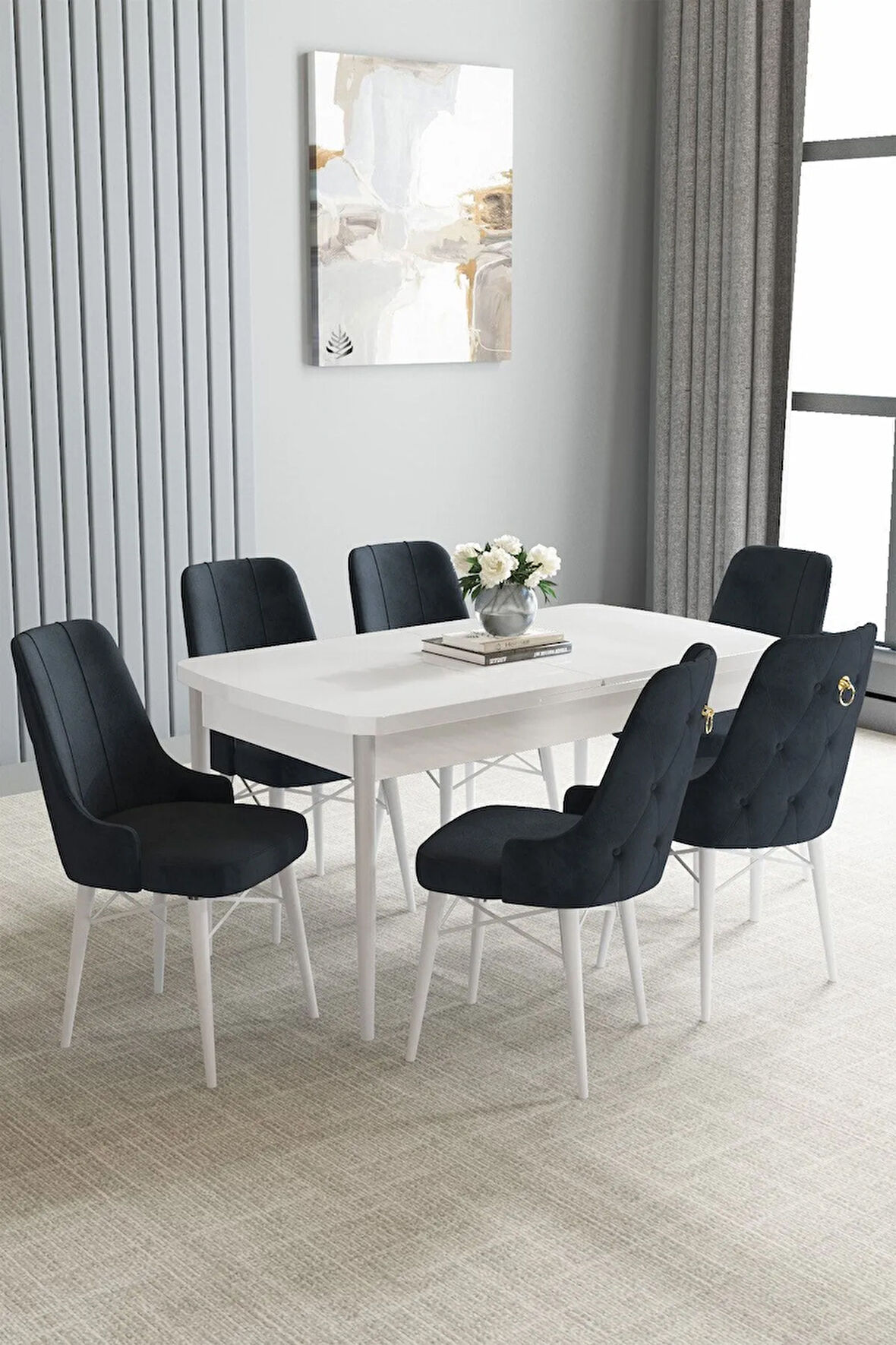 Milas Barok Desen 80x132 MDF Açılabilir Yemek Masası Takımı 4 Sandalye, 1 Bench