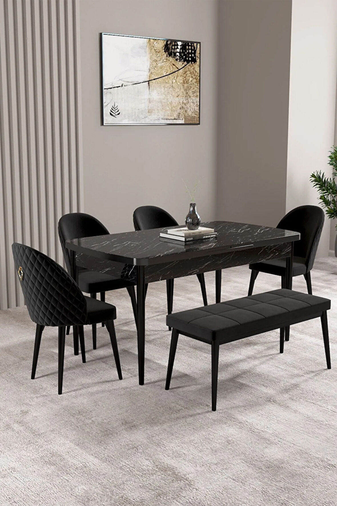 Milas Siyah Mermer Desen 80x132 MDF Açılabilir Yemek Masası Takımı 4 Sandalye, 1 Bench
