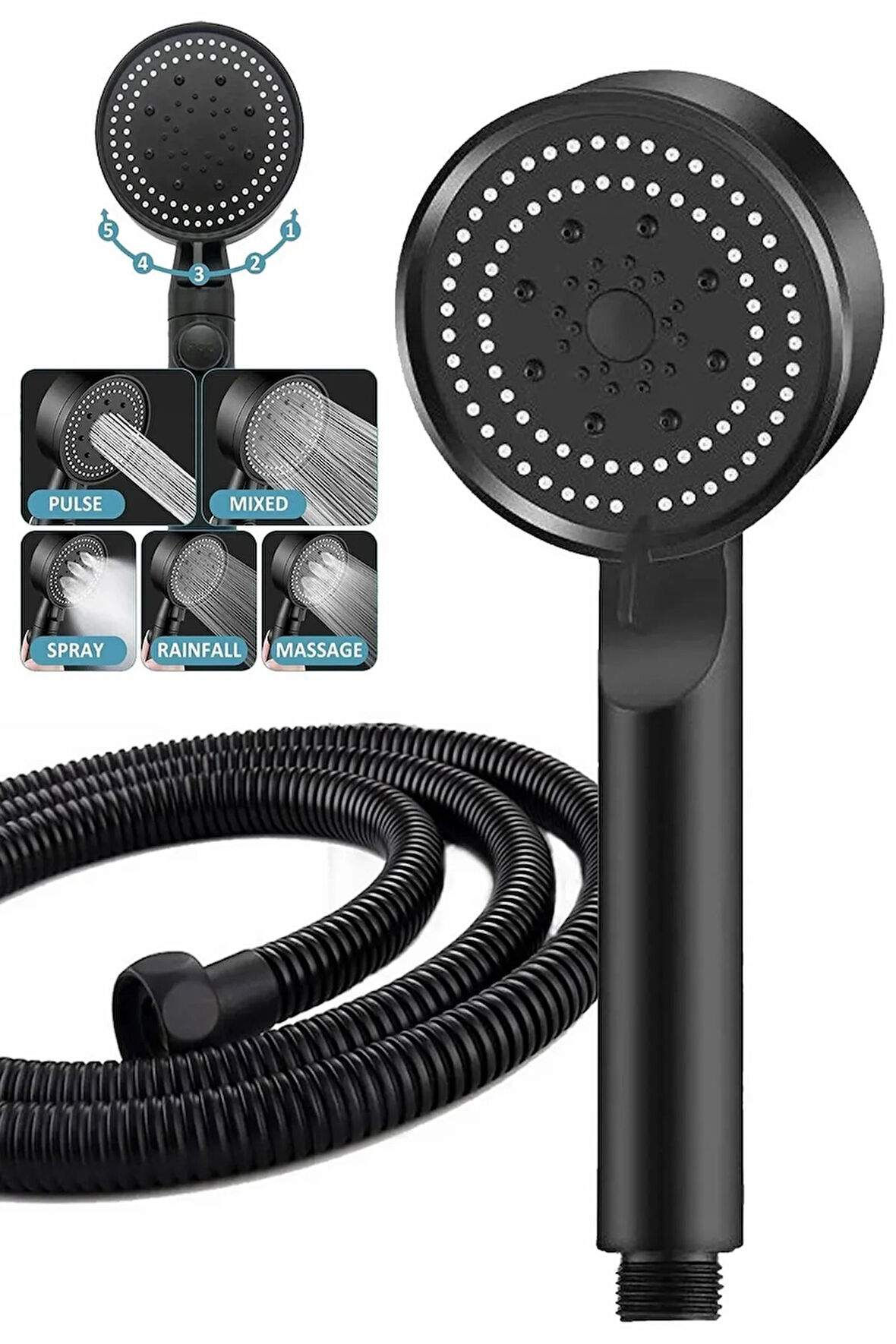 Moonshop Siyah Başlık 5 Fonksiyon Duş Başlığı Duş Askısı Ve Duş Hortumu Duş Seti.