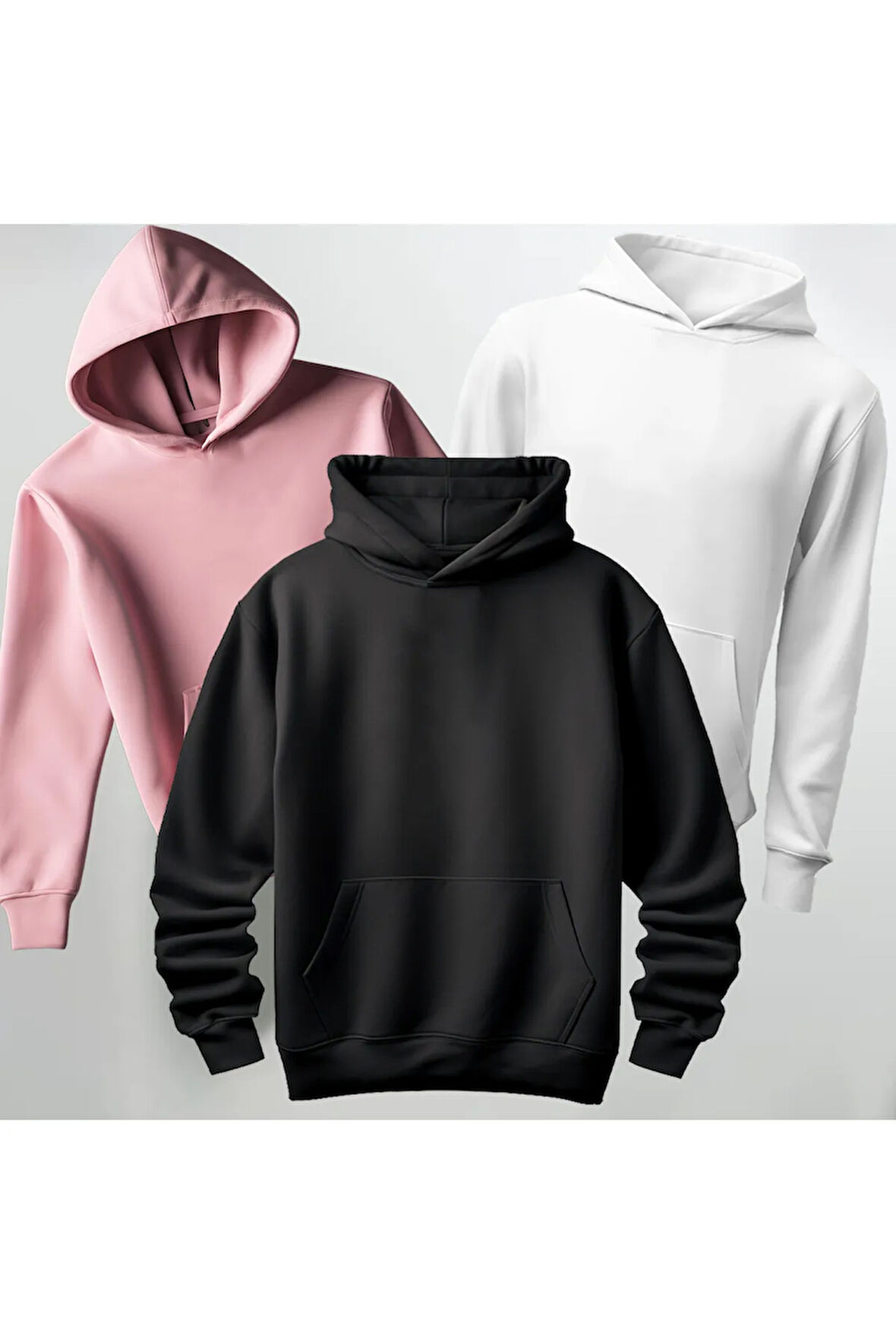 Oversize Unisex 3'lü Baskısız Kapüşonlu Sweatshirt Hoodie Kalın Kumaş 3 İplik Şardonlu