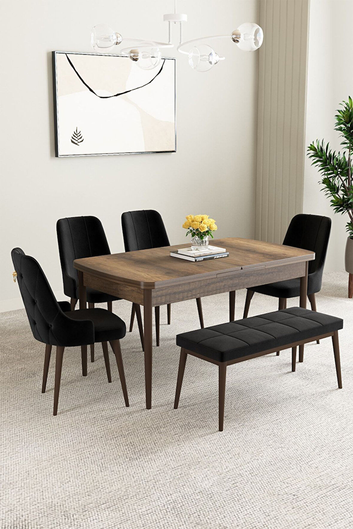 Clara Barok Desen 80x132 Açılabilir Mdf Masa Yemek Odası Takımı,Mutfak Takımı 4 Sandalye 1 Bench