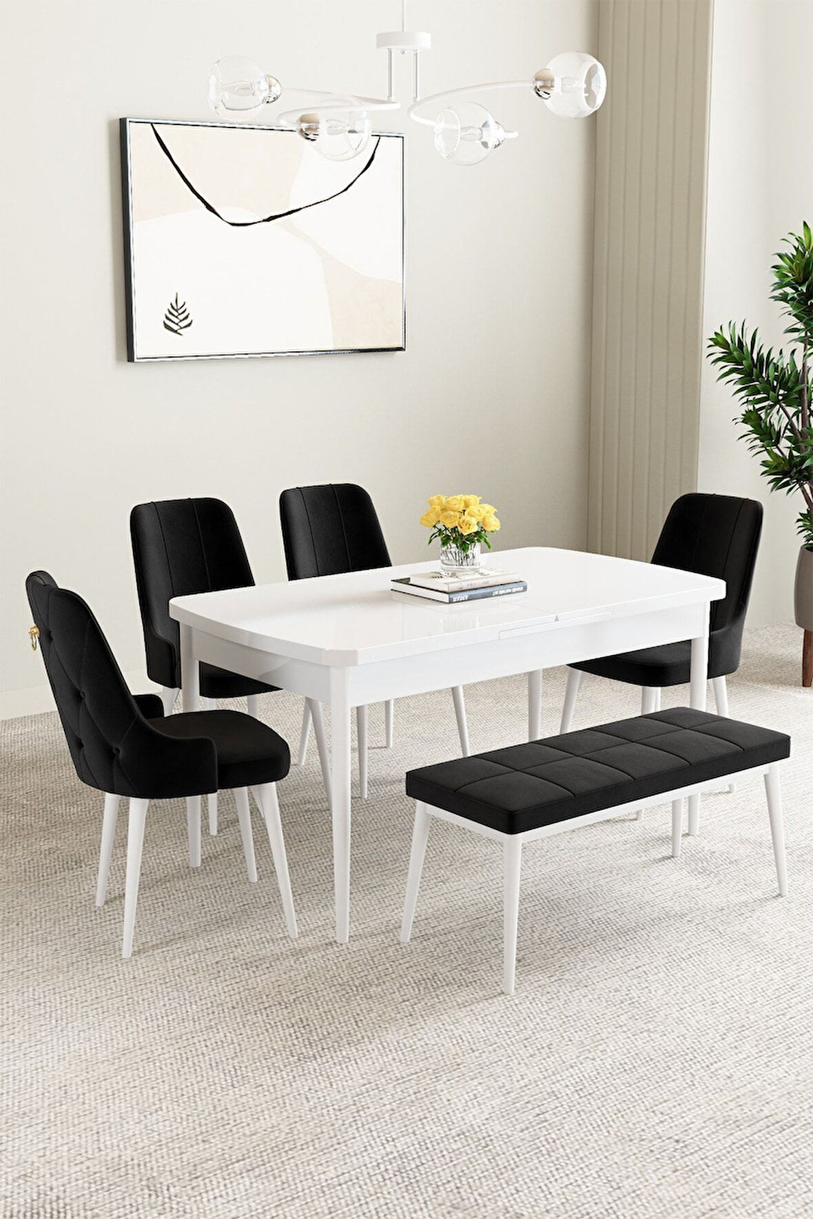 Clara Beyaz 80x132 Açılabilir Mdf Masa Yemek Odası Takımı,Mutfak Takımı 4 Sandalye 1 Bench