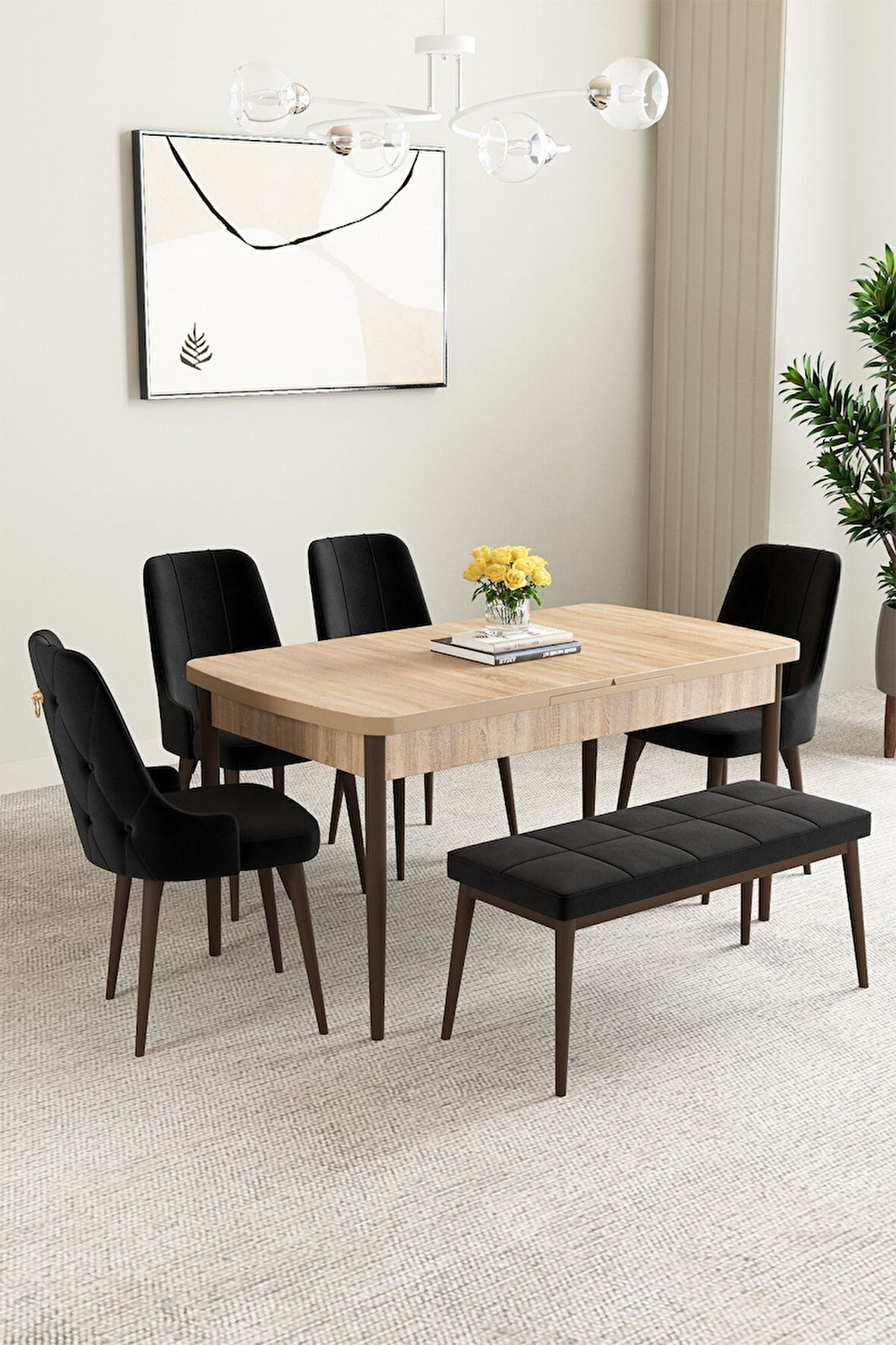 Clara Meşe Desen 80x132 Açılabilir Mdf Masa Yemek Odası Takımı,Mutfak Takımı 4 Sandalye 1 Bench