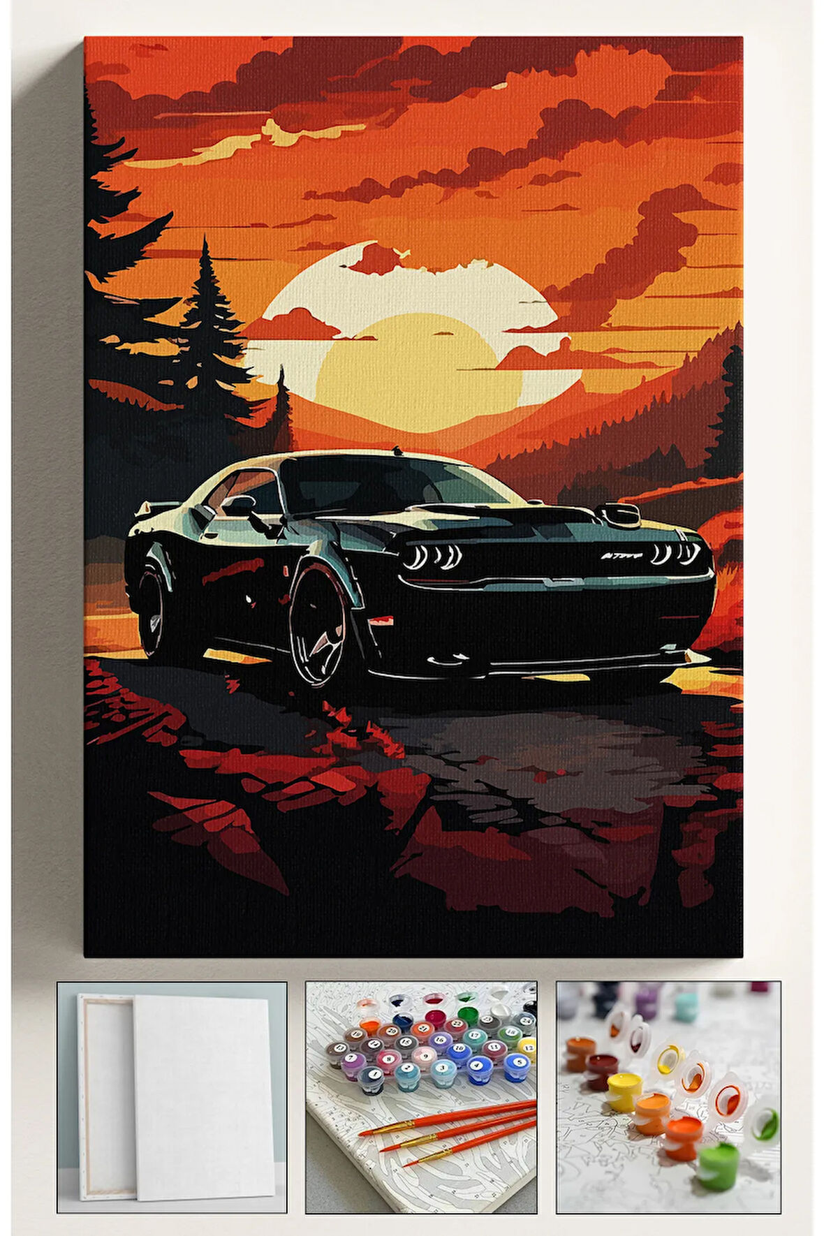 Sayılarla Boyama Seti Numaralı Tuval Fırça Boya Dahil Kasnaklı Set 40x50 Cm - SİYAH DODGE ARABA